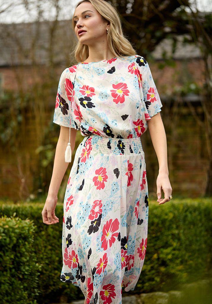 Galaxy Cowl Neck Poppy Print Midi Dress In Multi by LILY&LIONEL