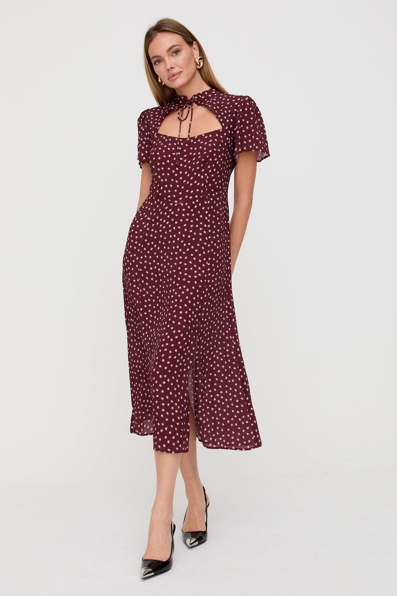 Primrose Star Print Maxi Dress In Burgundy by LILY&LIONEL