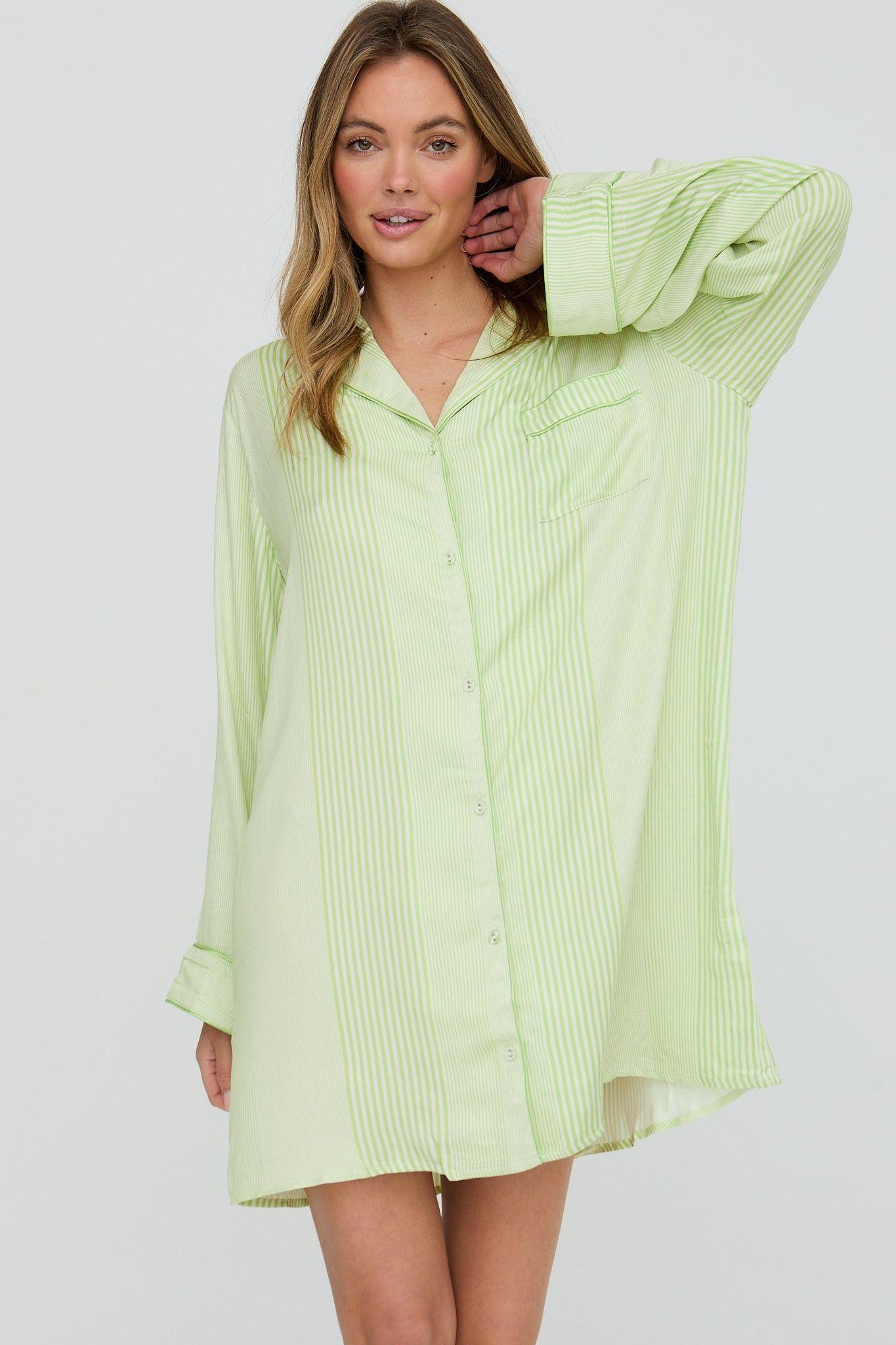 Simone Long Sleeve Mini Stripe Print Nightshirt In Green by LILY&LIONEL