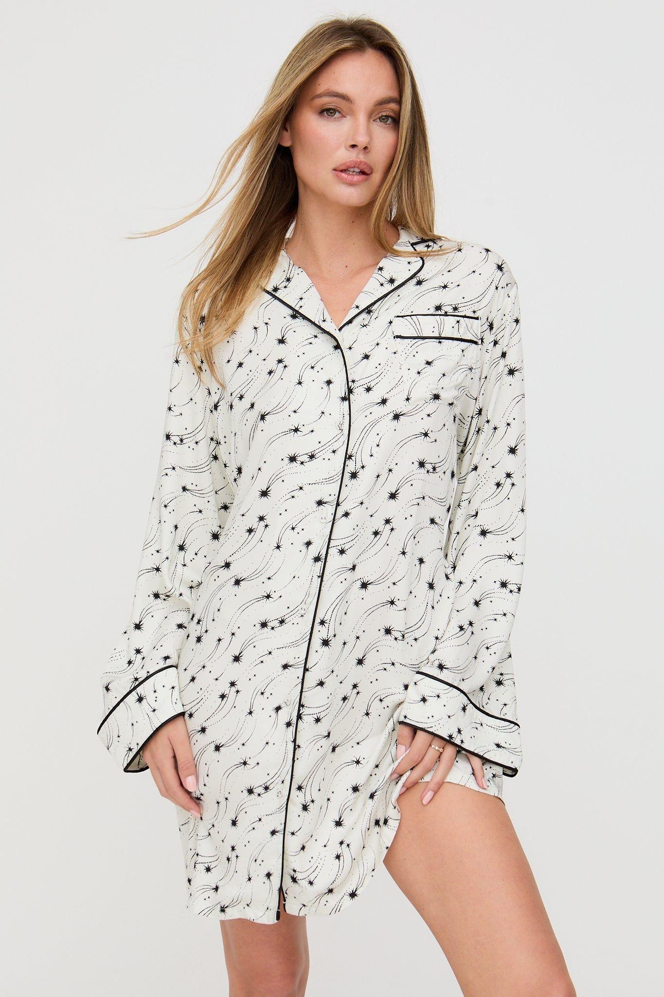Simone Long Sleeve Shooting Star Print Nightshirt In Cream by LILY&LIONEL