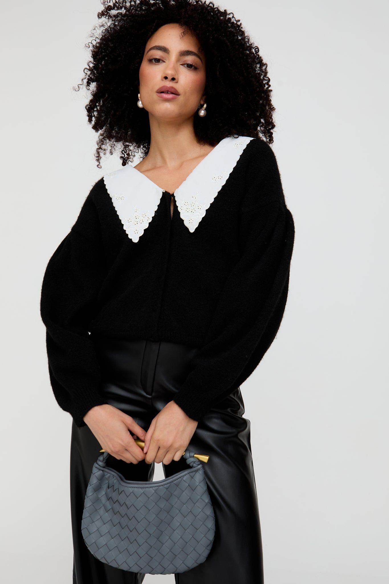 Suzzanna Embroidered Collar Cardigan In Black by LILY&LIONEL