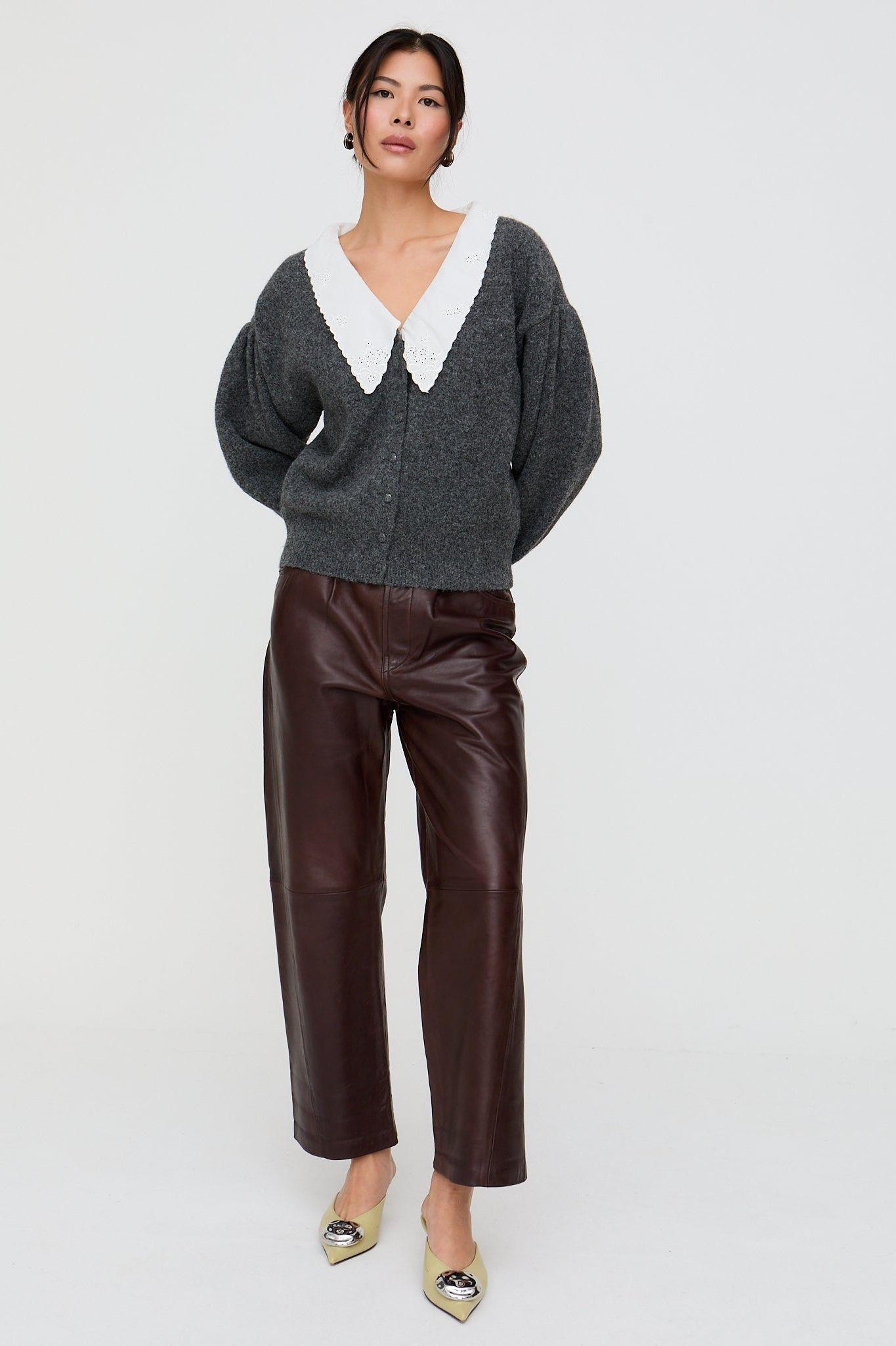 Suzzanna Embroidered Collar Cardigan In Charcoal Grey by LILY&LIONEL