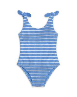 Girls' Crinkled Striped One Piece Swimsuit With Bow Straps - Big Kid by LIMEAPPLE