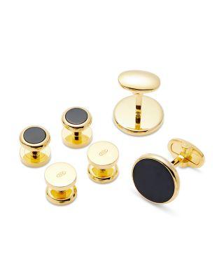 Gold-Tone Round Black Obsidian Stud & Cufflink Set by LINK UP