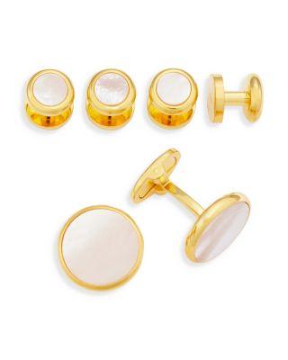 Gold-Tone Round White Mother-of-Pearl Stud & Cufflink Set by LINK UP