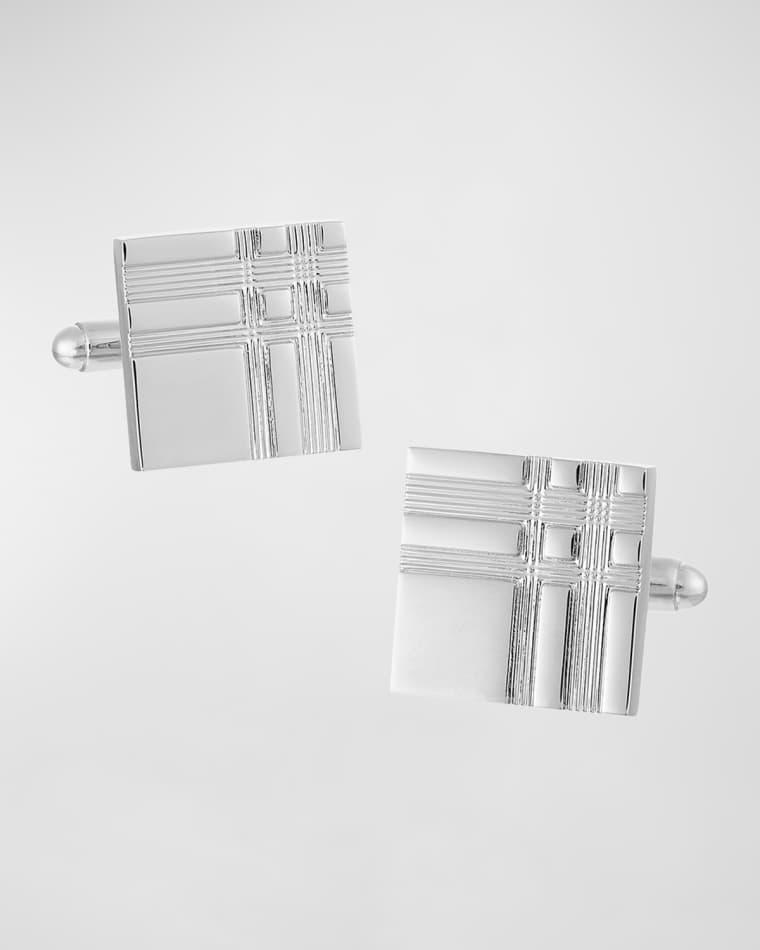Men's Silverone Plaid Etched Square Cufflinks by LINK UP