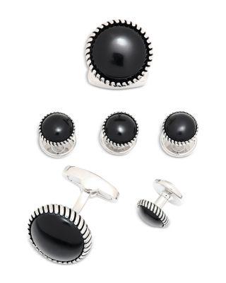 Onyx Inlay Rhodium Plated Round Stud & Cufflink Set by LINK UP