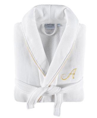Textiles 100% Turkish Cotton Unisex Personalized Waffle Weave Terry Bathrobe with Satin Piped Trim by LINUM HOME Textiles 100% Turkish Cotton Unisex Personalized Waffle Weave Terry Bathrobe with Satin Piped Trim by LINUM HOME