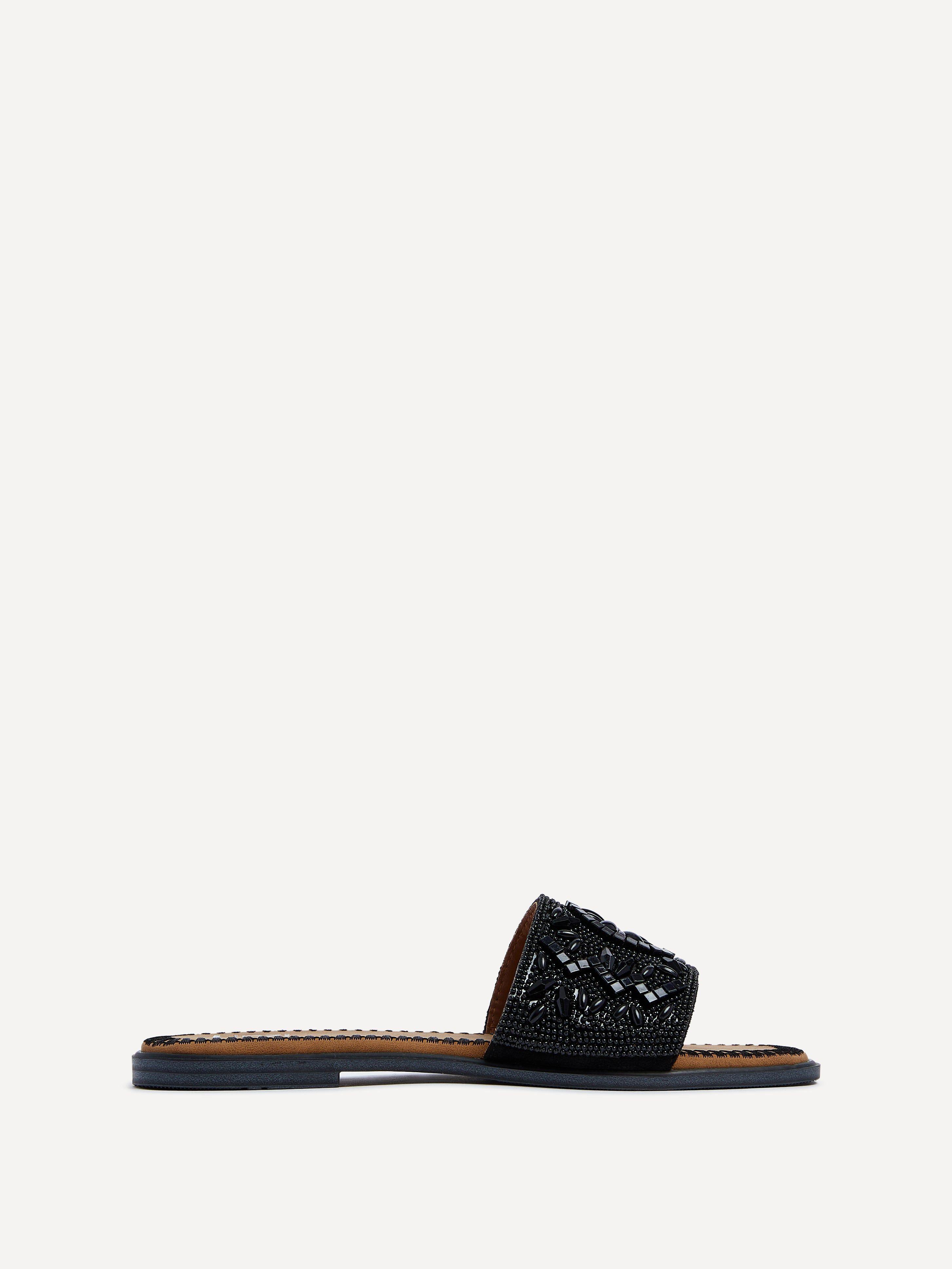 Aloha Black Beaded Flat Slider Sandal by LINZI