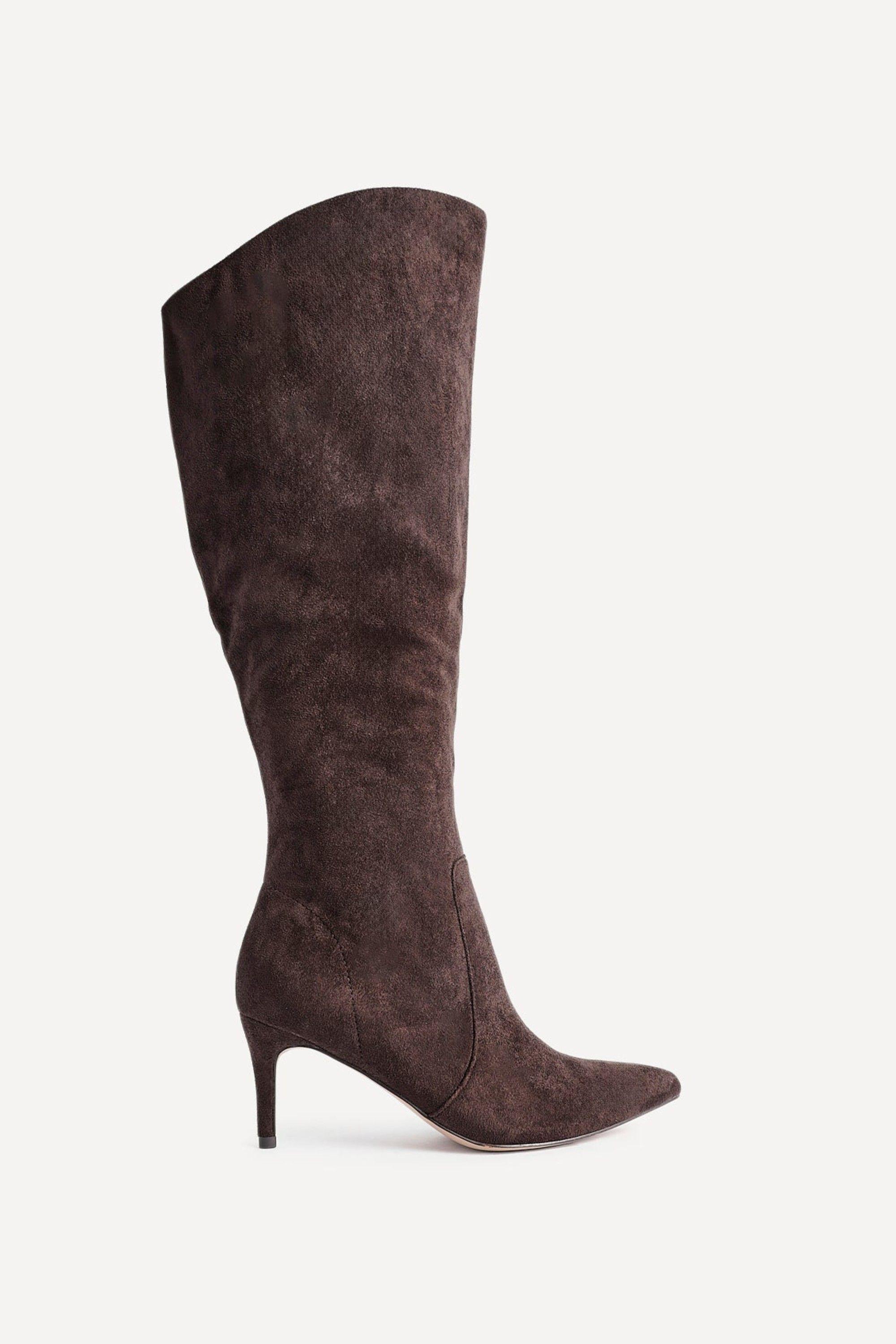 Ambition Brown Faux Suede Assymetric High Leg Stiletto Boot by LINZI