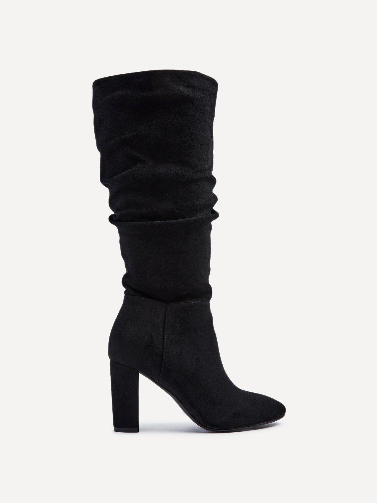 Aura Black Faux Suede Ruched Knee High Heeled Boot by LINZI
