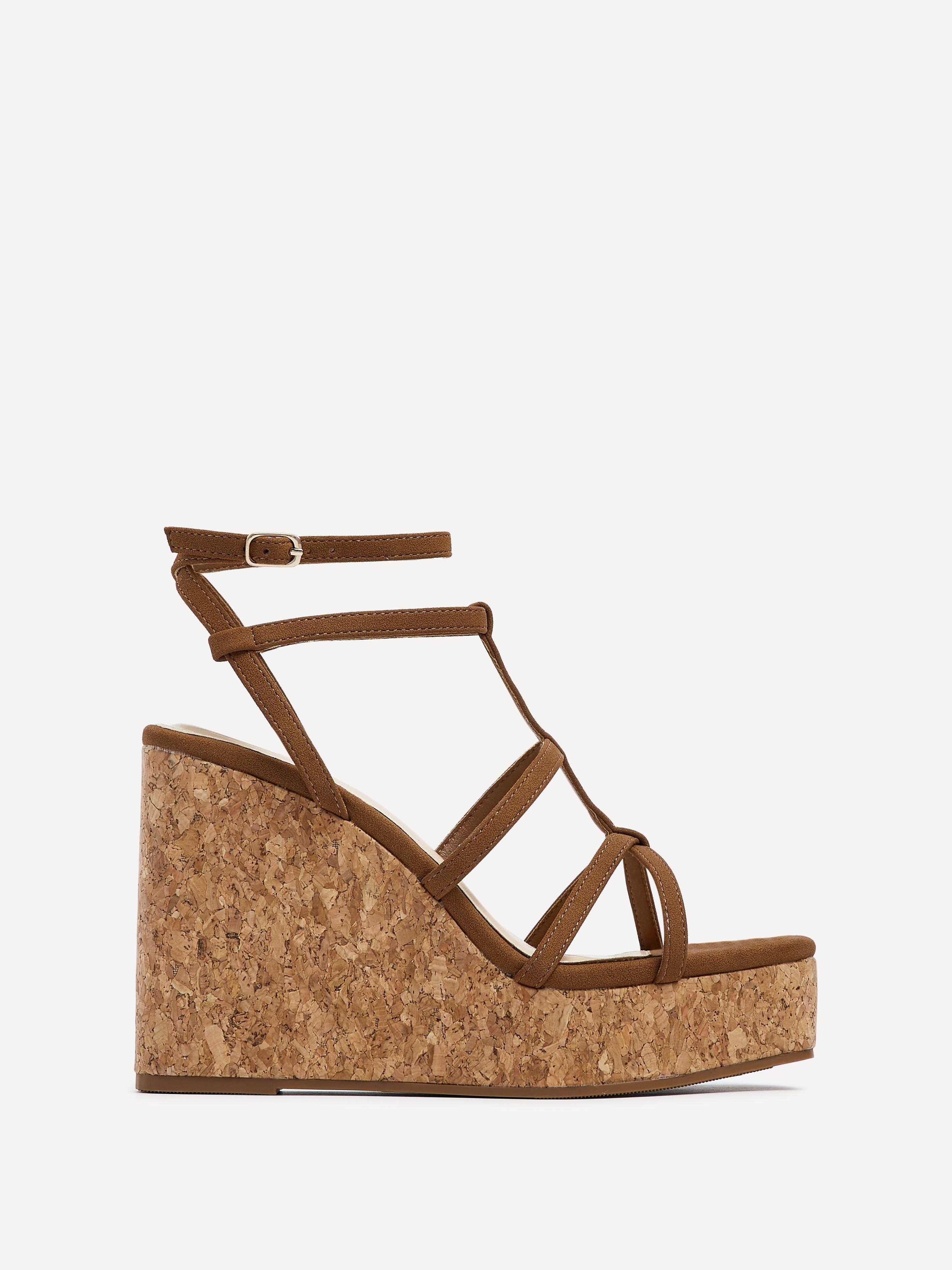 Barbados Tan Faux Suede Square Toe Strappy Cork Wedge by LINZI