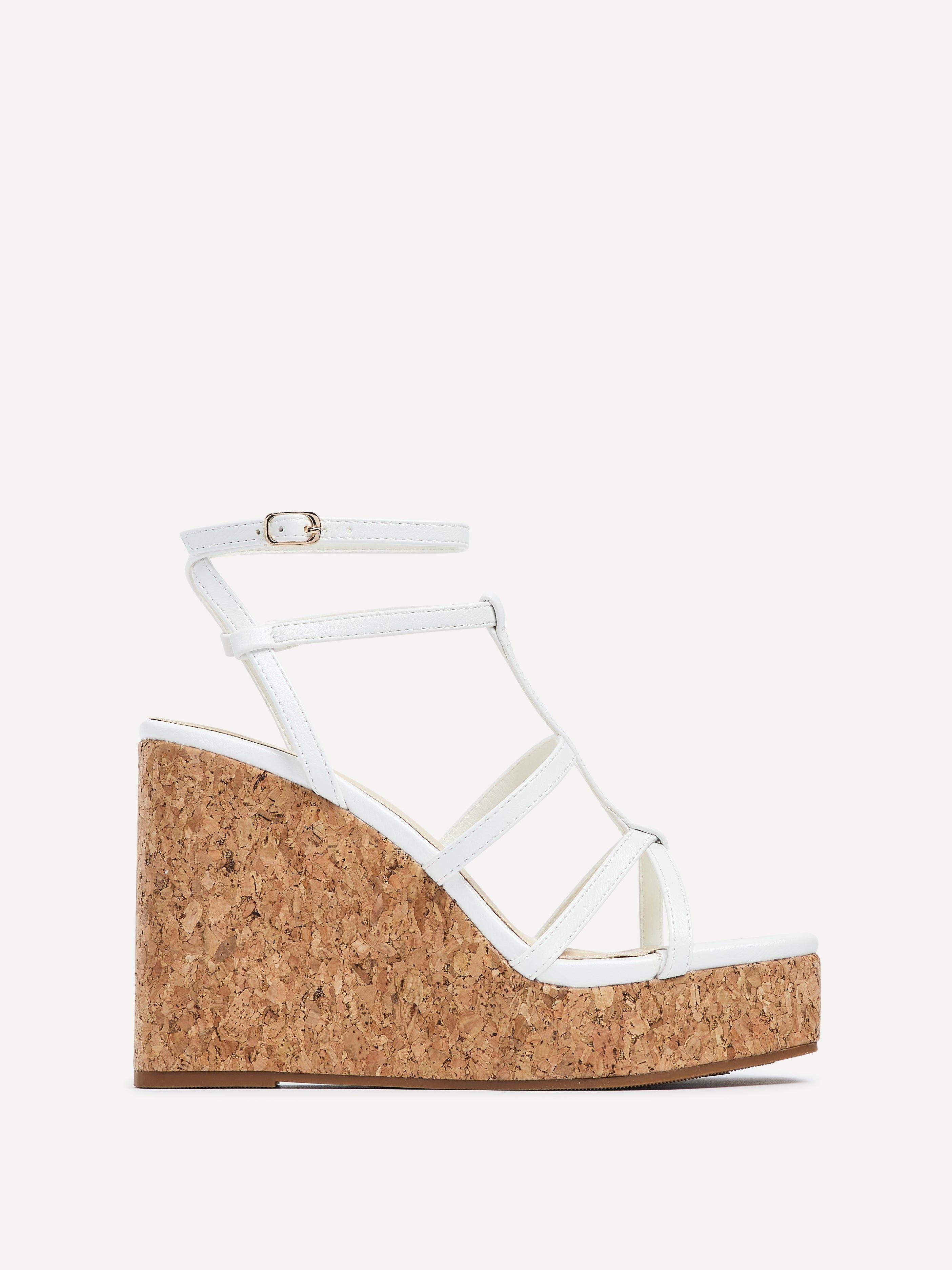 Barbados White Faux Leather Square Toe Strappy Cork Wedge by LINZI