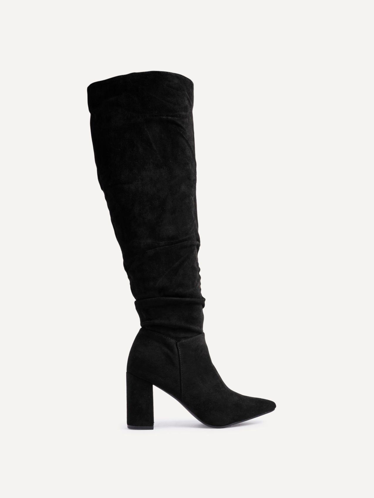 Bonnie Black Suede Block Heel Knee High Ruched Boot by LINZI