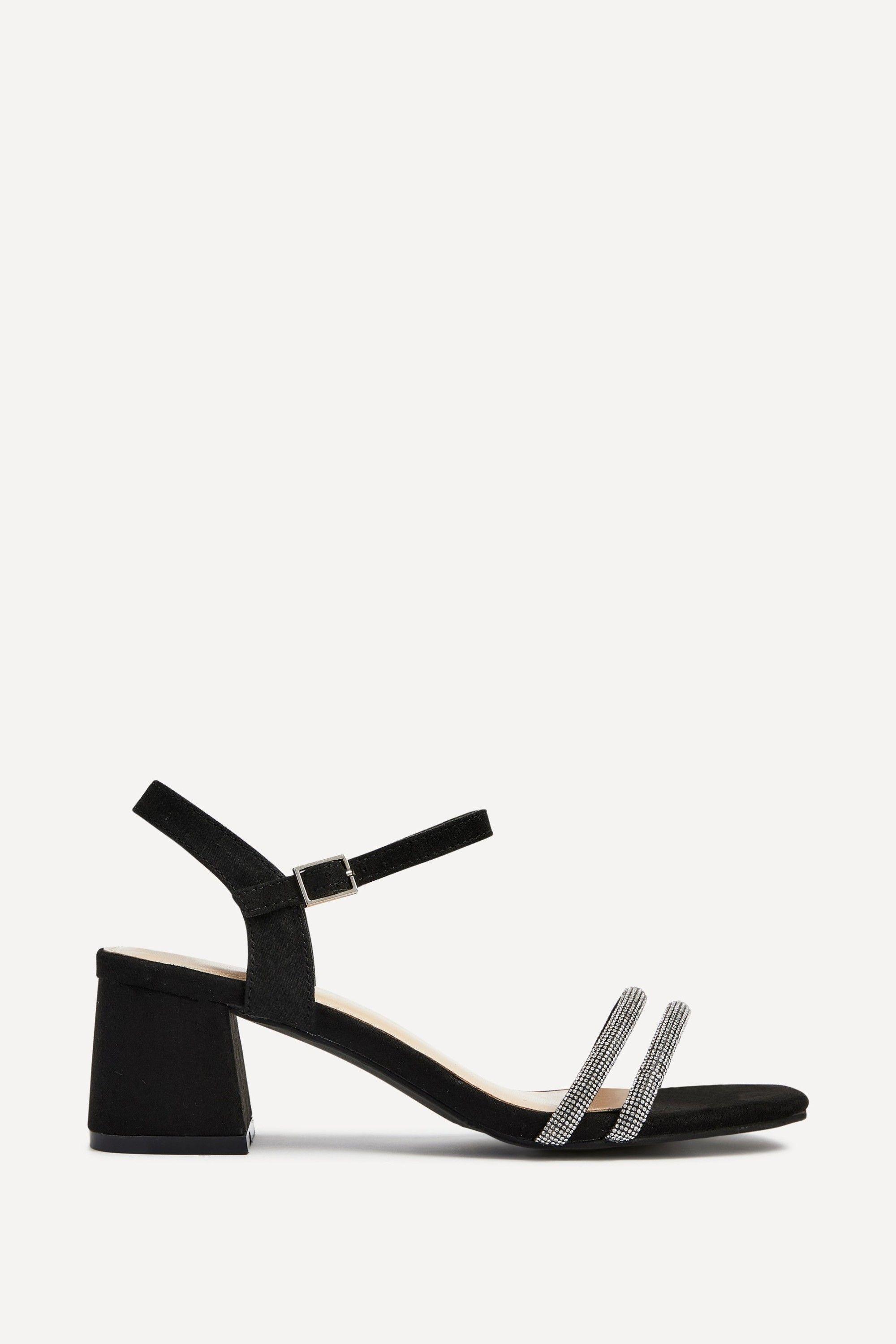 Bunty Black Faux Suede Diamante Block Heeled Sandal by LINZI