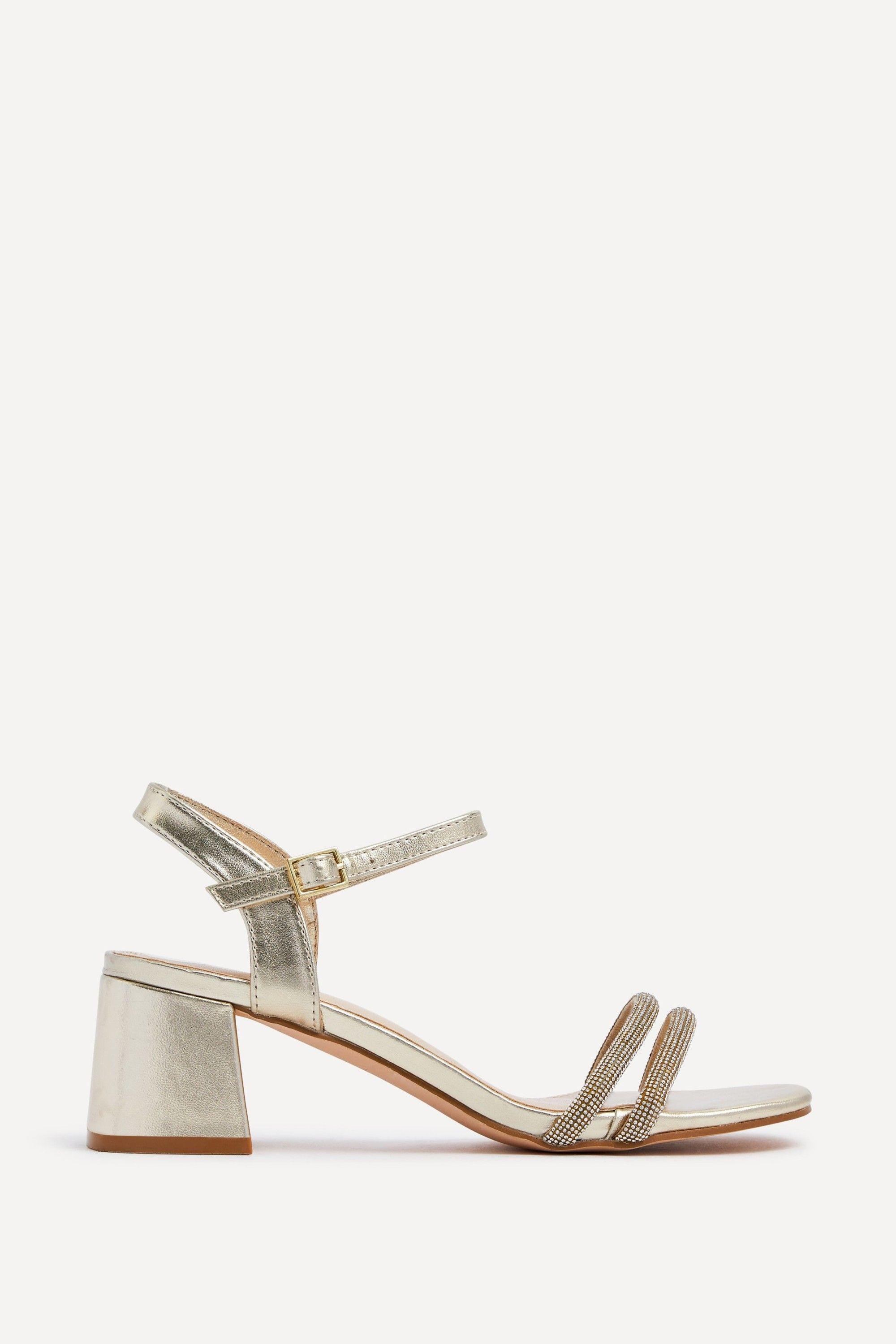 Bunty Gold Faux Leather Diamante Block Heeled Sandal by LINZI
