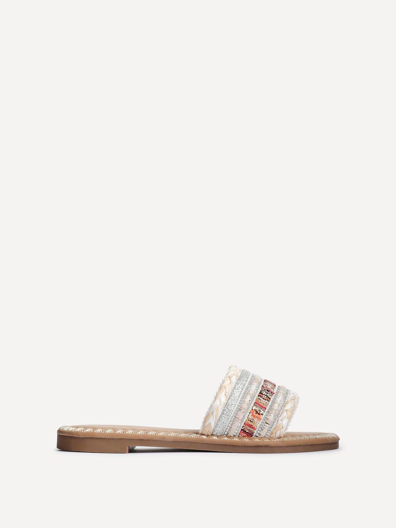 Carel White Multi Woven Embellished Flat Sandals by LINZI
