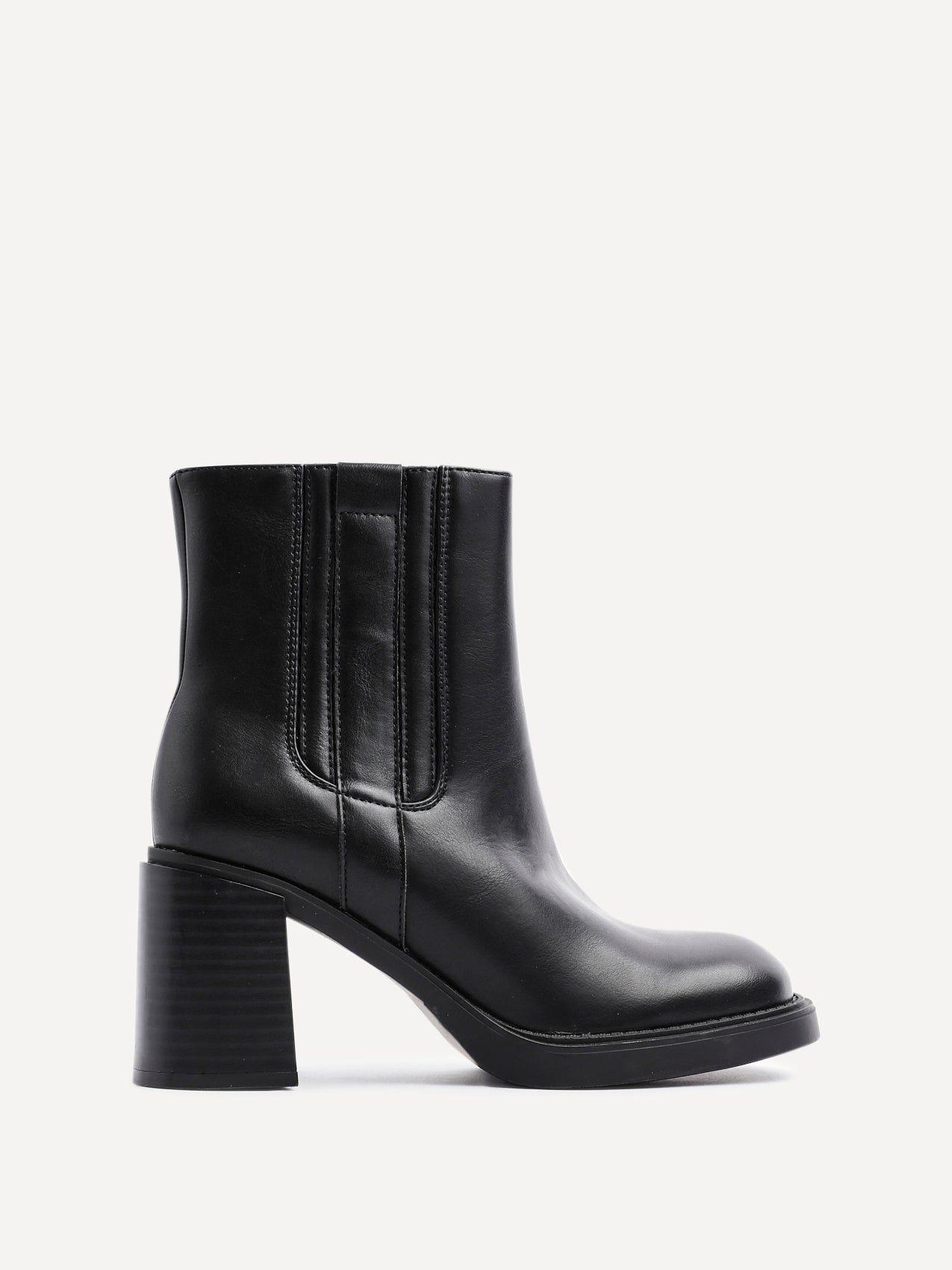 Cheska Black Faux Leather Block Heeled Ankle Boot by LINZI