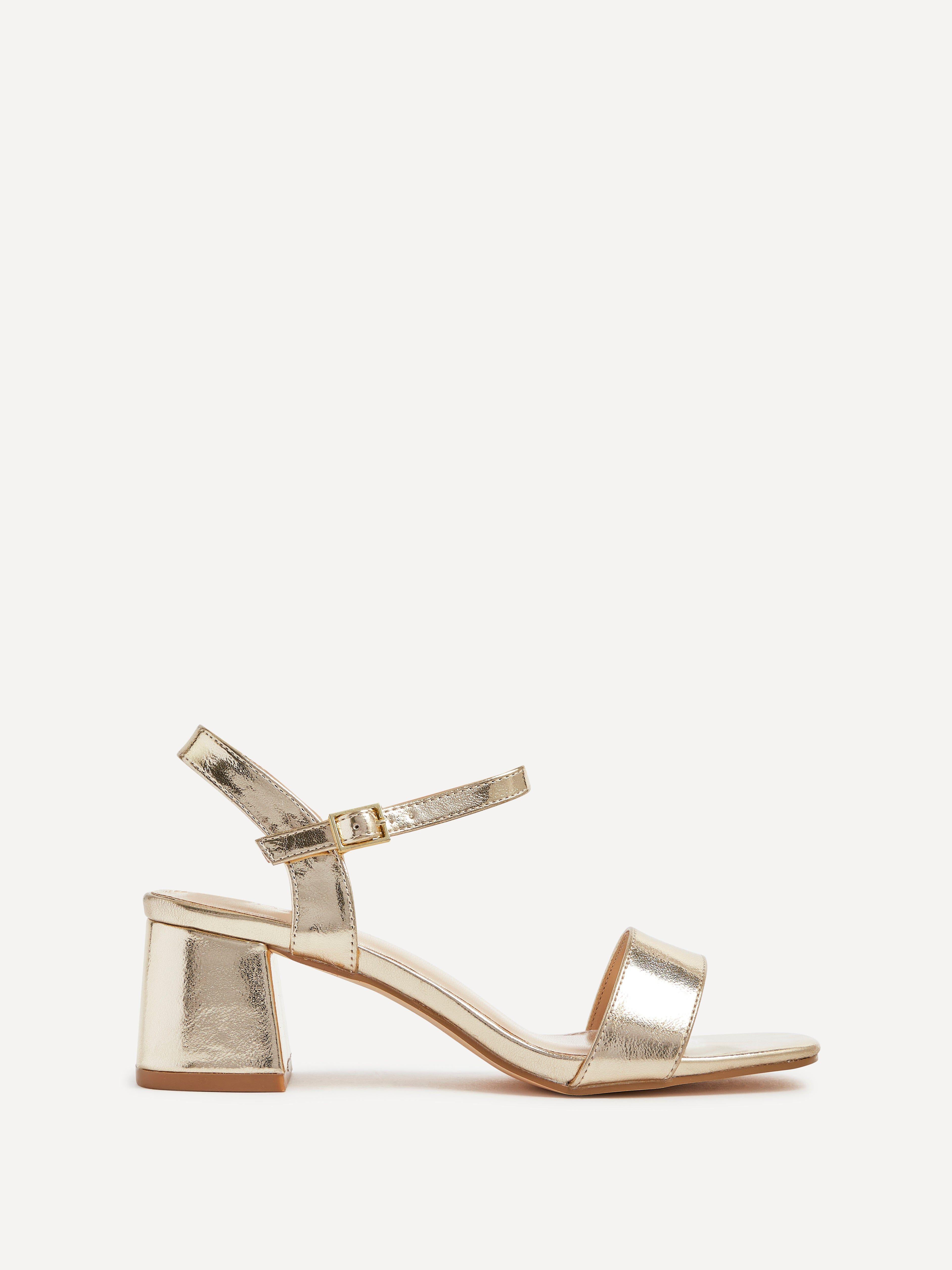 Darcie Gold Faux Leather Low Chunky Block Heeled Sandal by LINZI