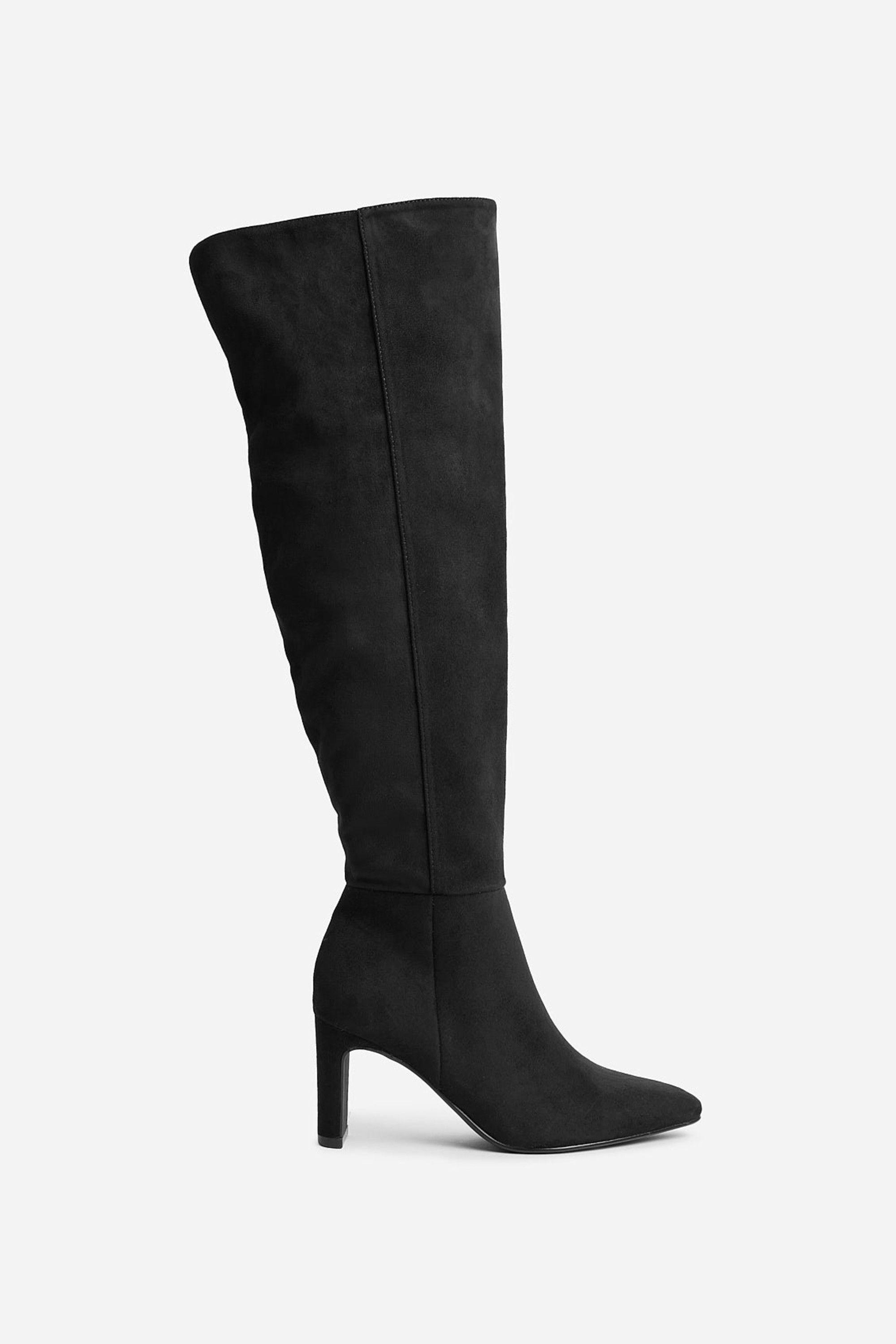 Demand Black Faux Suede Over The Knee Block Heeled Boot by LINZI