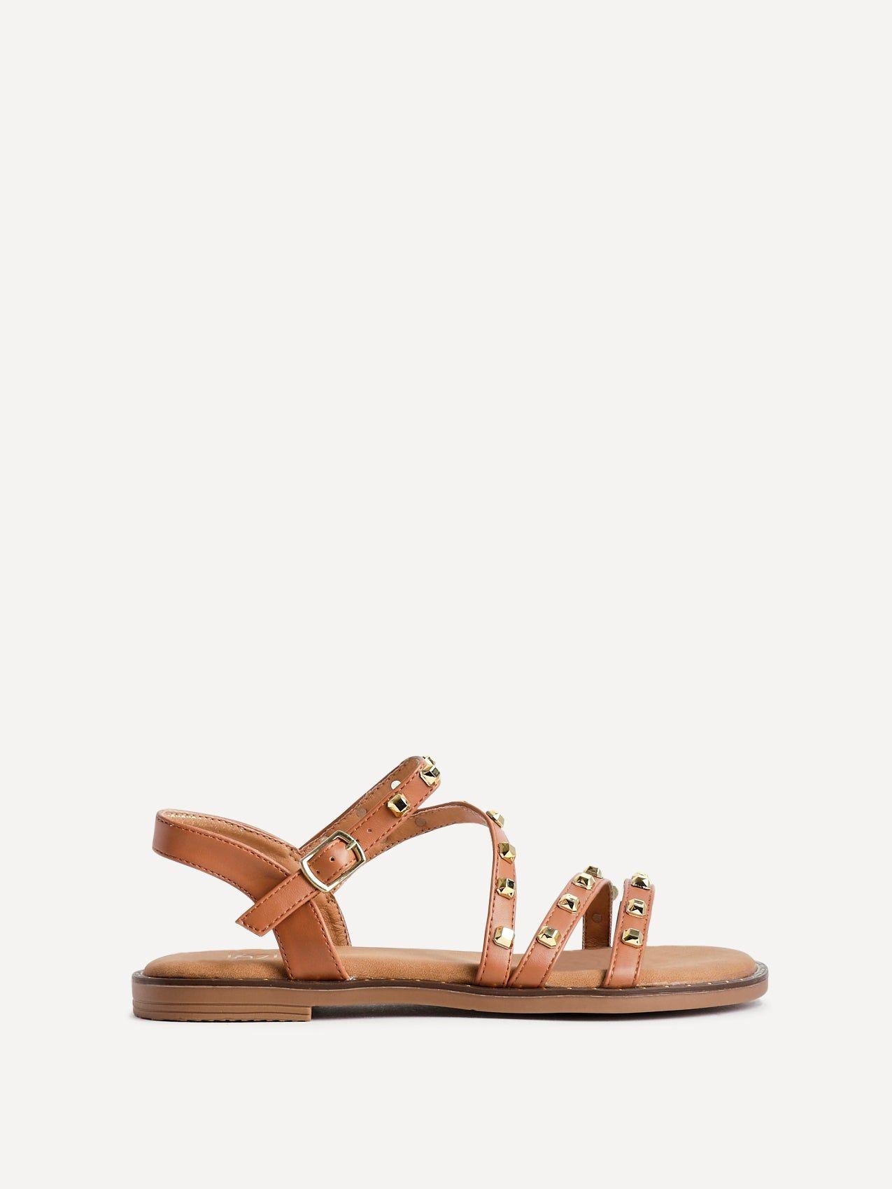 Destino Tan Faux Leather Studded Gladiator Style Flat Sandal by LINZI