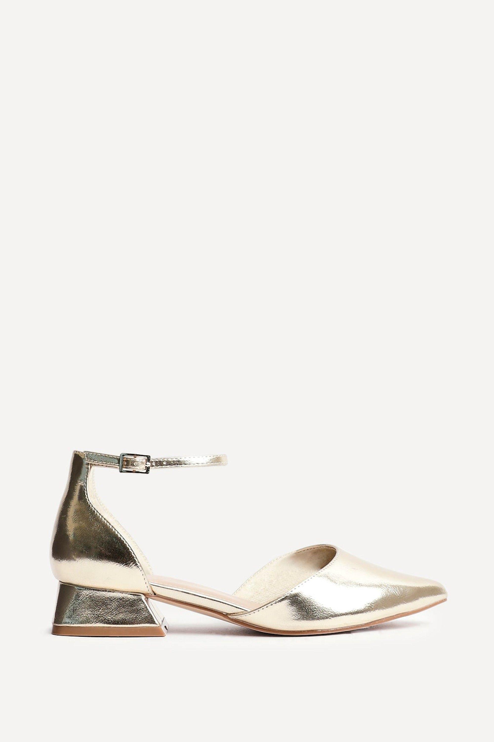 Dolly Wide Fit Gold Faux Leather Low Block Court Heel by LINZI