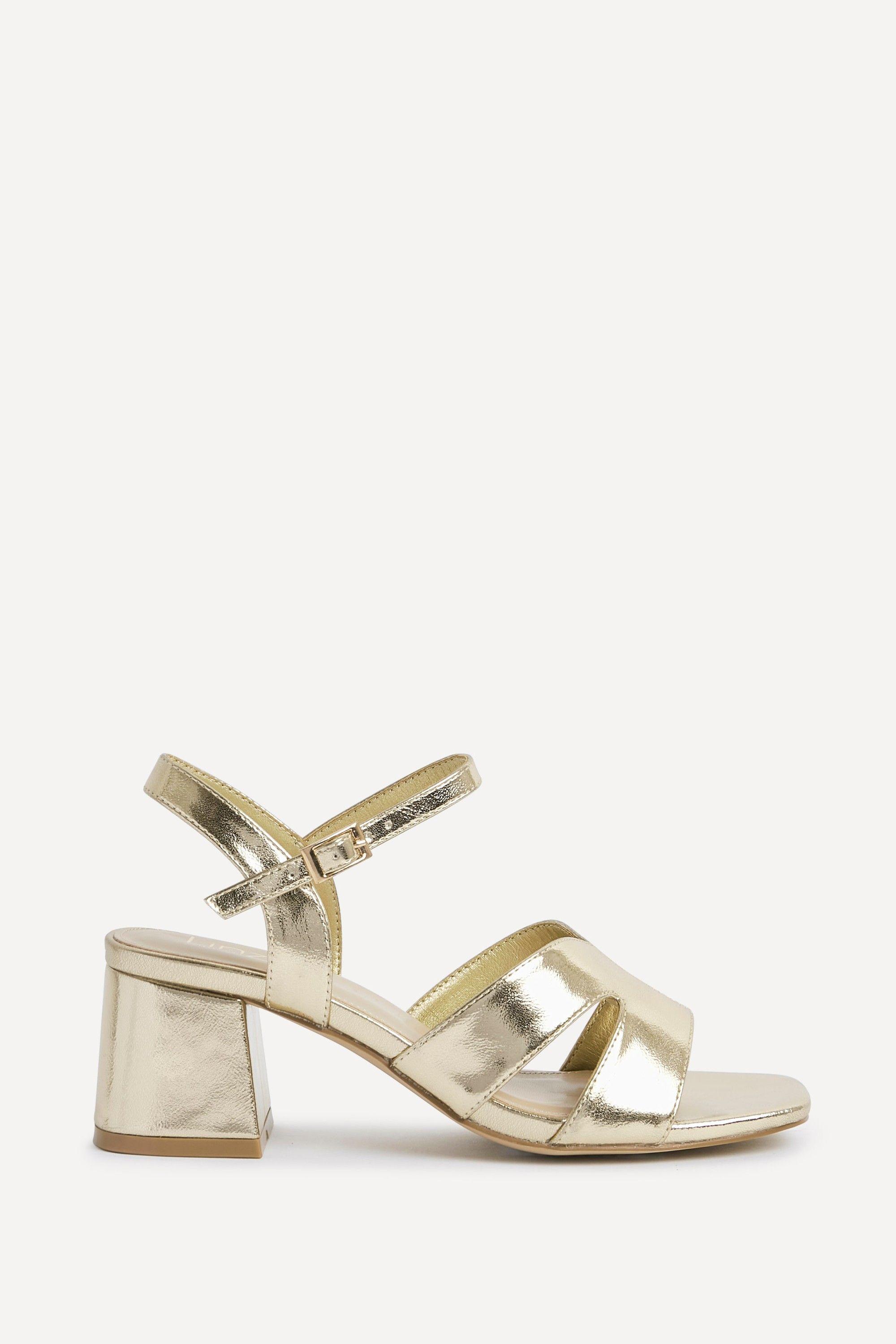 Empire Wide Fit Gold Faux Leather Link Detail Block Heels by LINZI