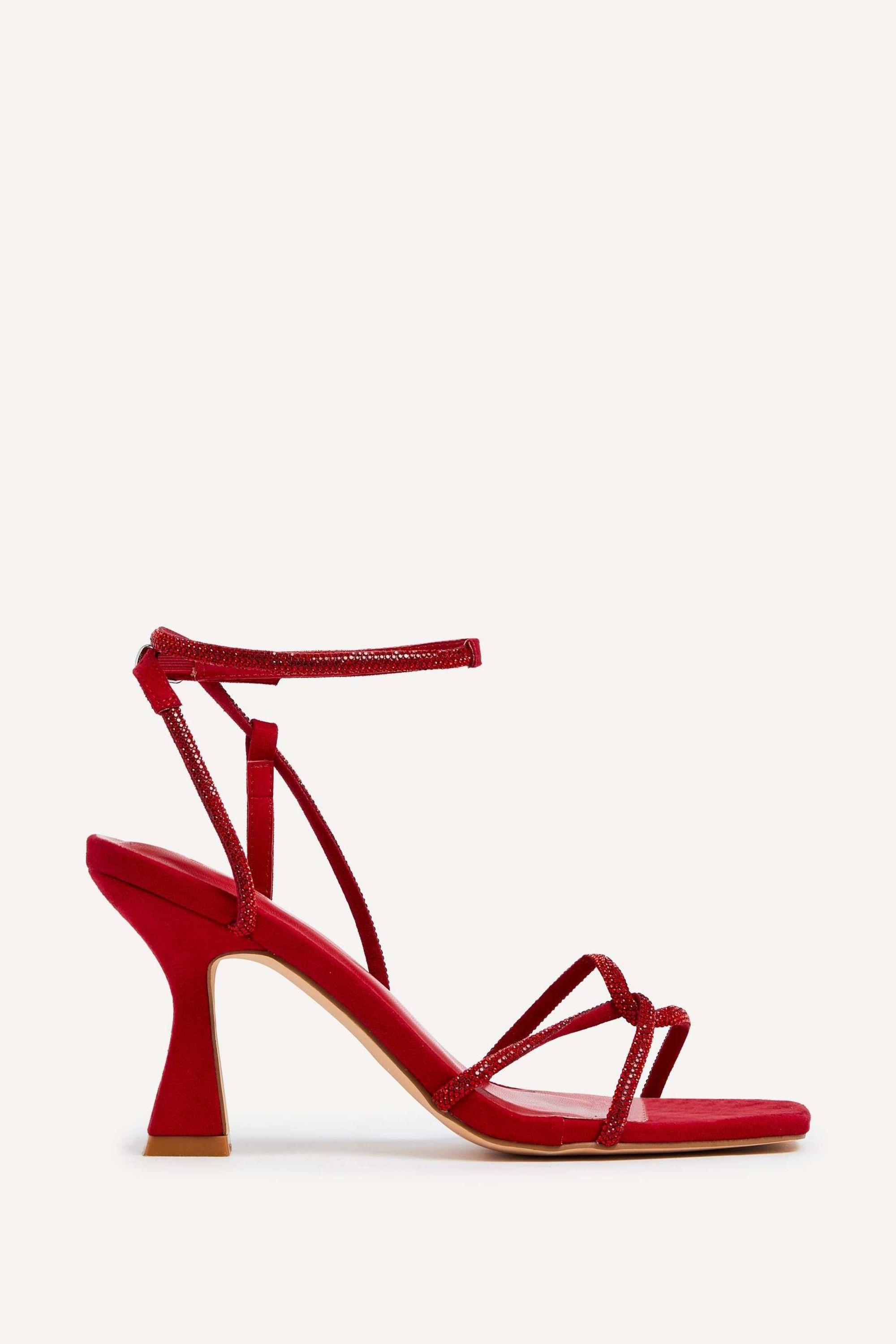 Entice Red Faux Suede Diamante Embellishes Strappy Heel by LINZI Entice Red Faux Suede Diamante Embellishes Strappy Heel by LINZI