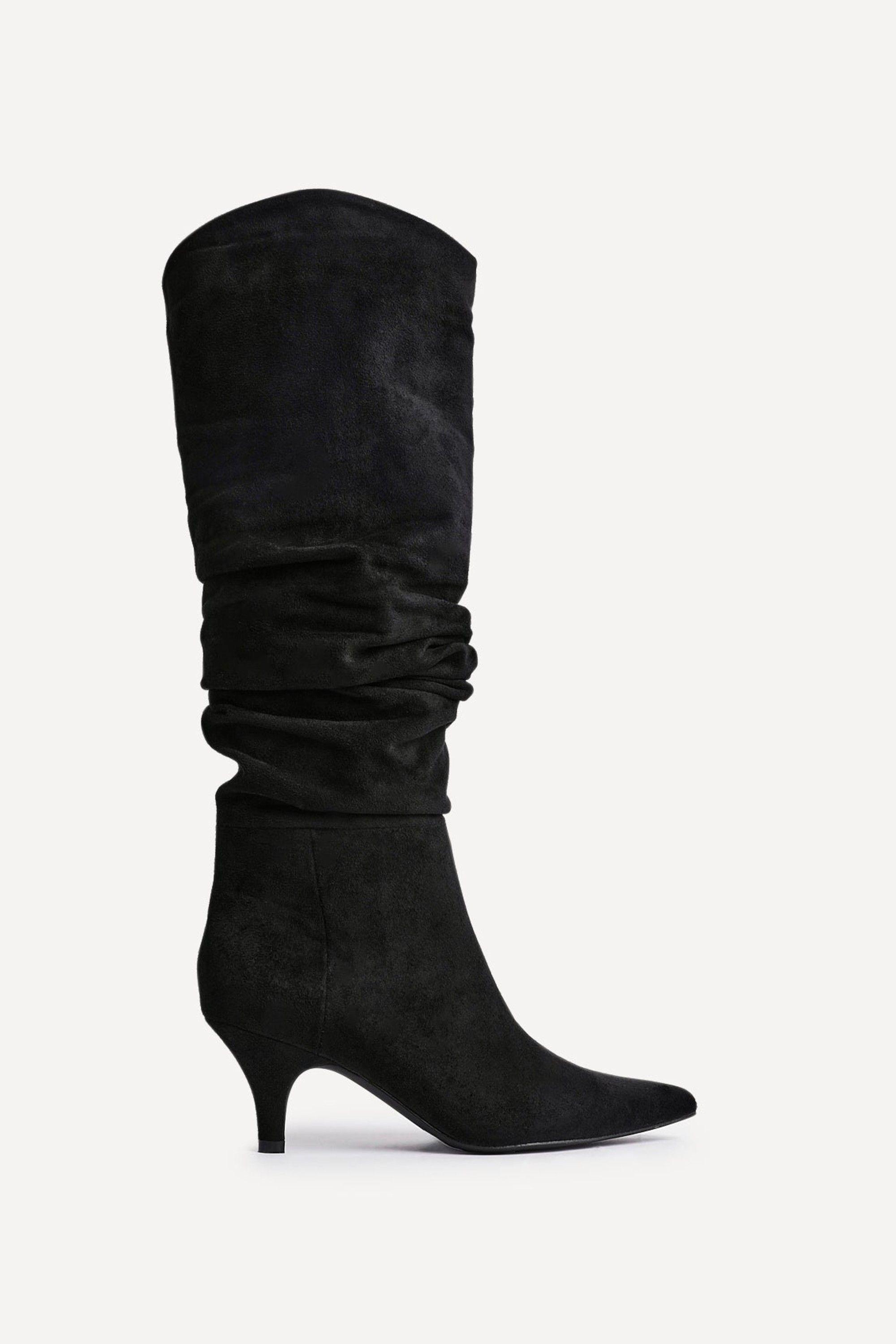 Esteem Black Faux Suede Ruched Kitten Heel Knee High Boot by LINZI