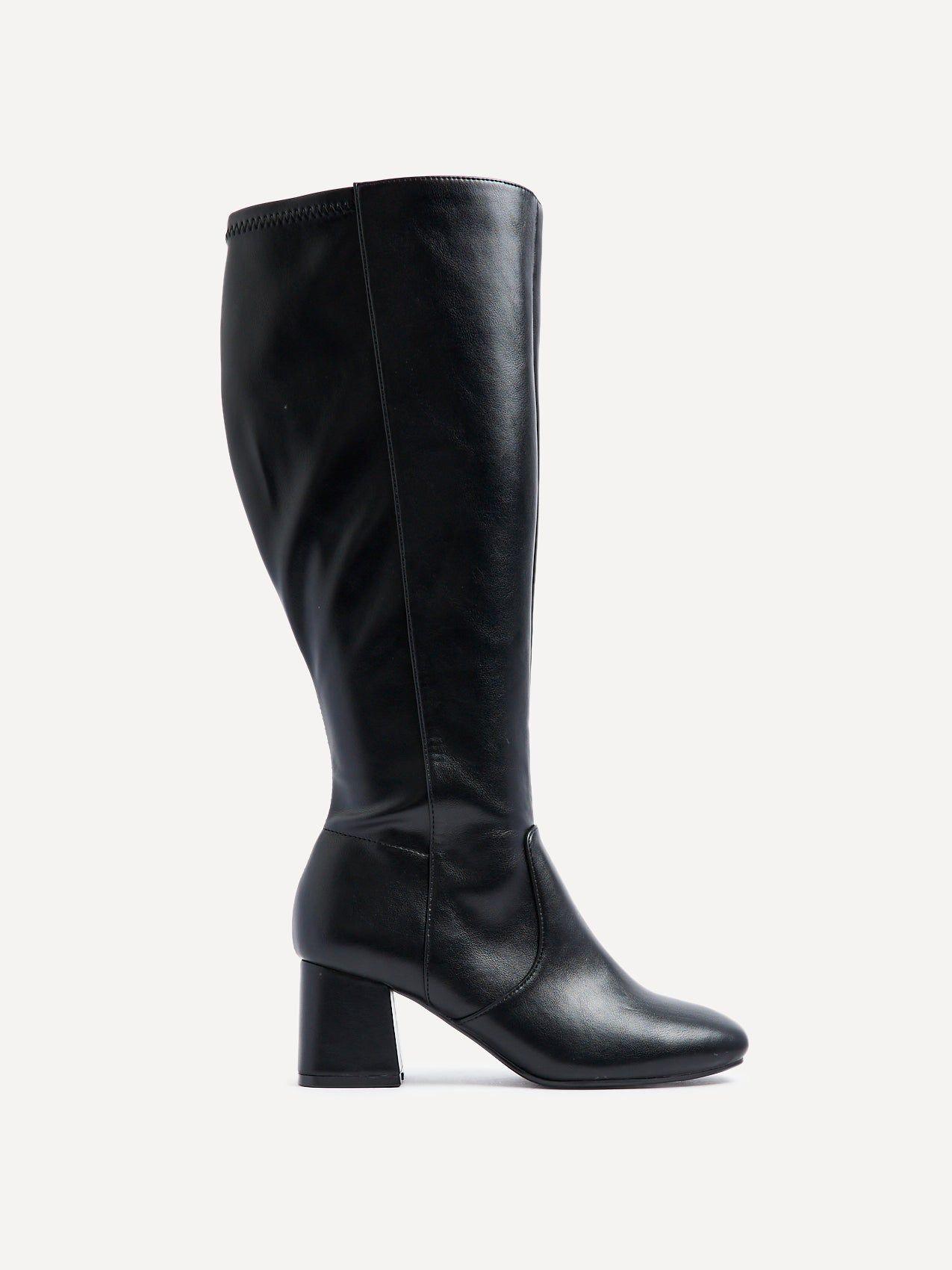 Fable Wide Fit Black Faux Leather Knee High Block Heeled Boot by LINZI