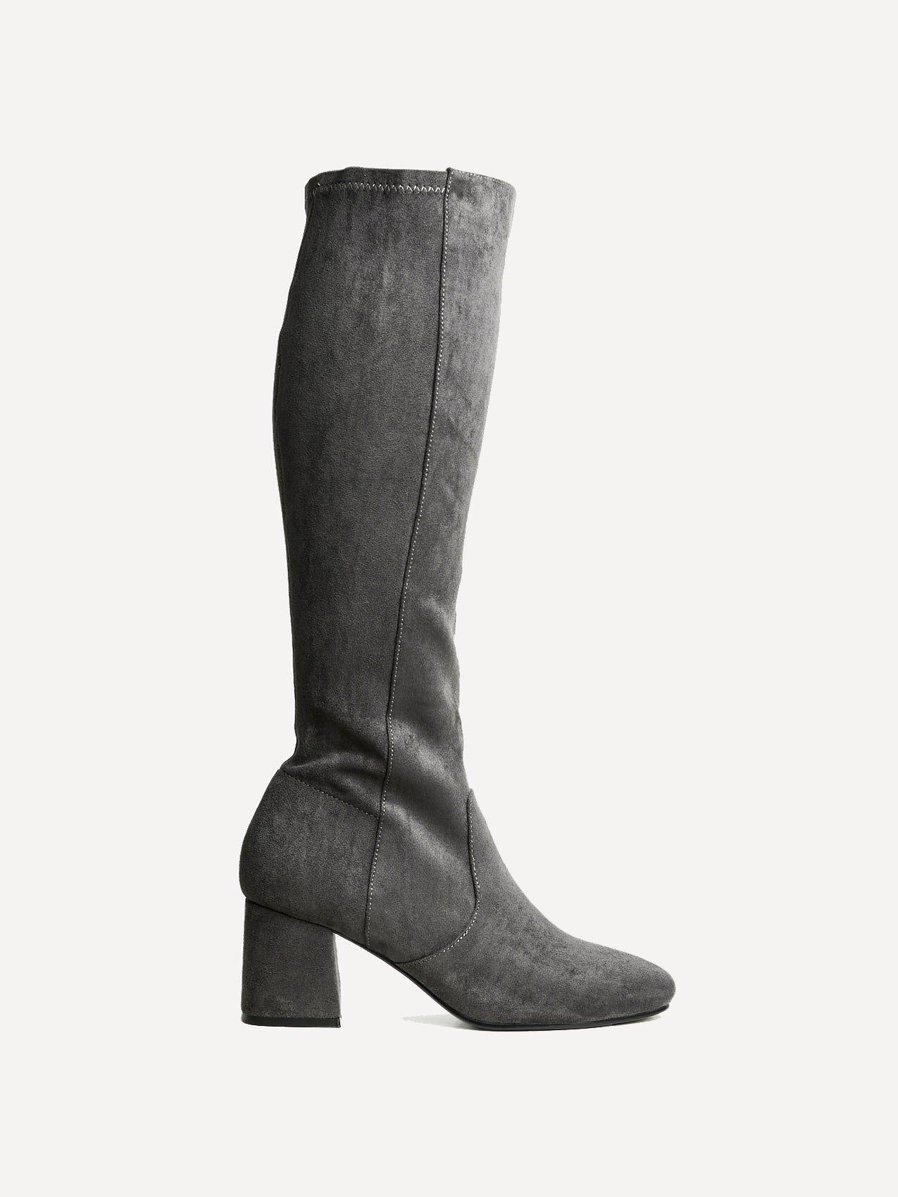 Frosty Grey Faux Suede Block Heeled Knee High Boot by LINZI
