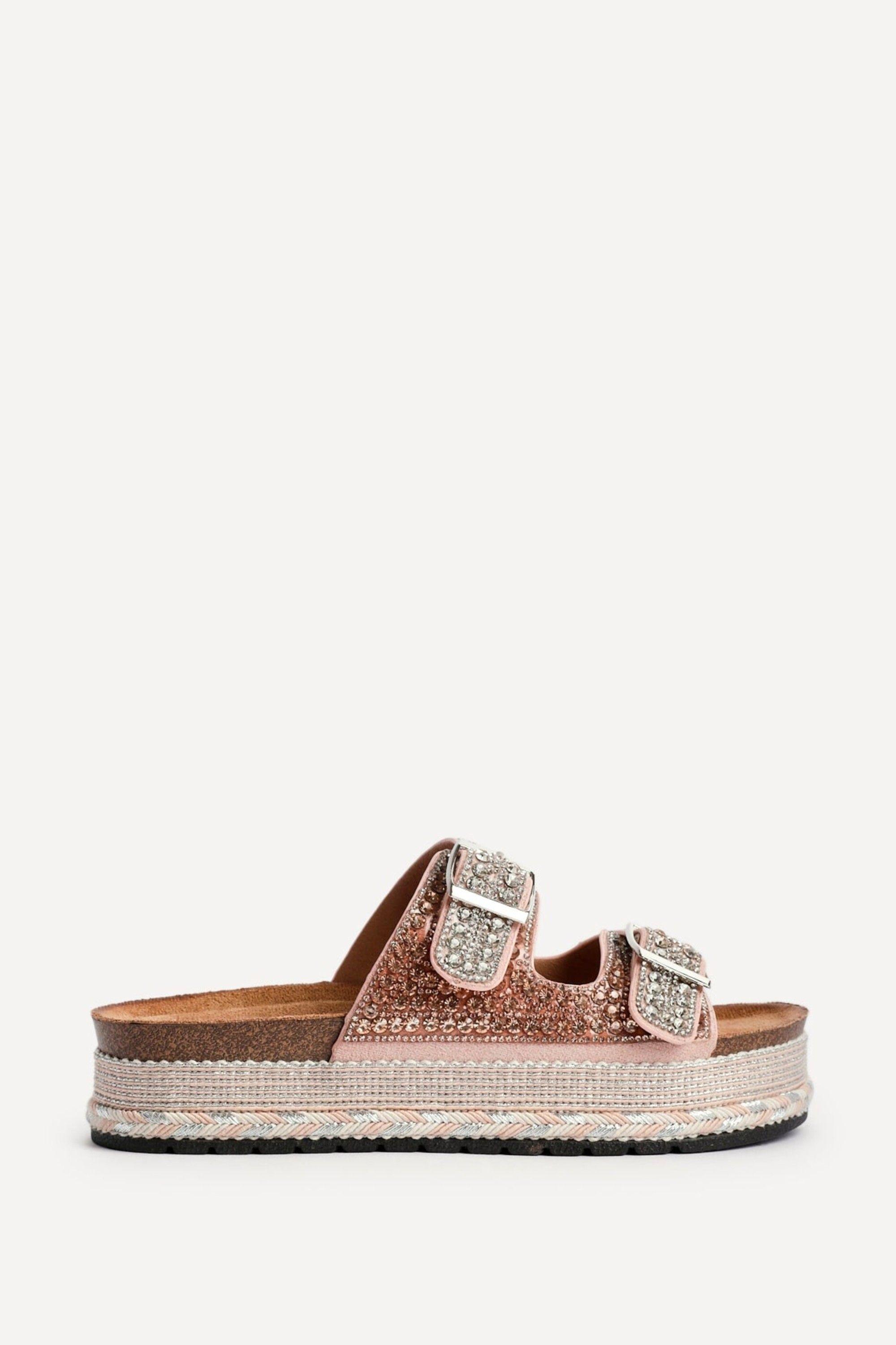 Glitzy Rose Gold Diamante Flatform Slider Sandals by LINZI