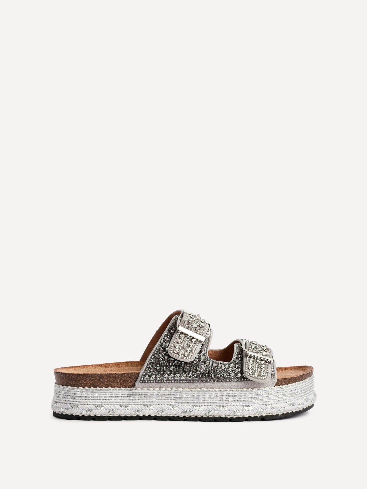 Glitzy Silver Diamante Flatform Slider Sandals by LINZI