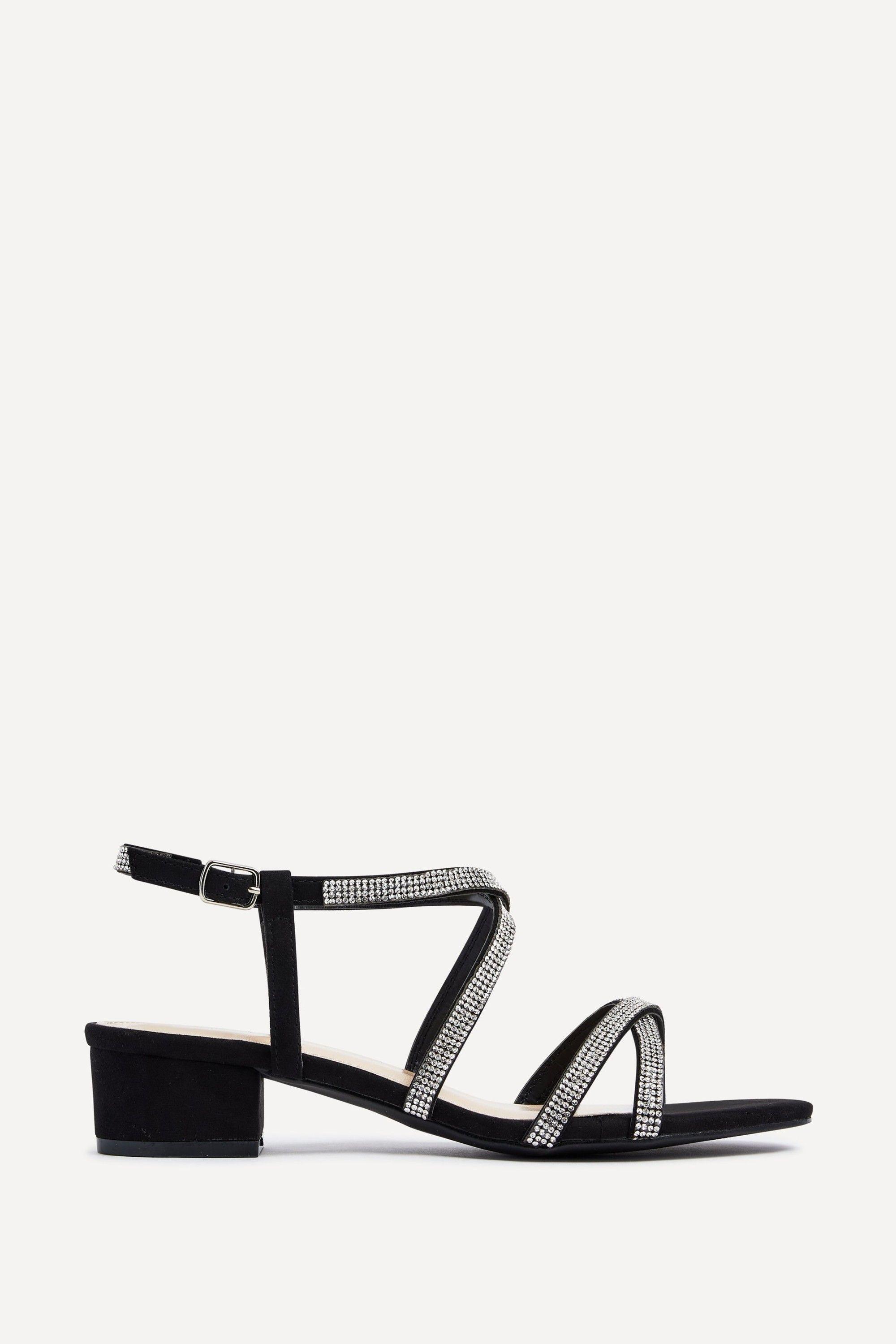 Glow Black Faux Suede Crossover Diamante Straps Low Block Heeled Sandal by LINZI