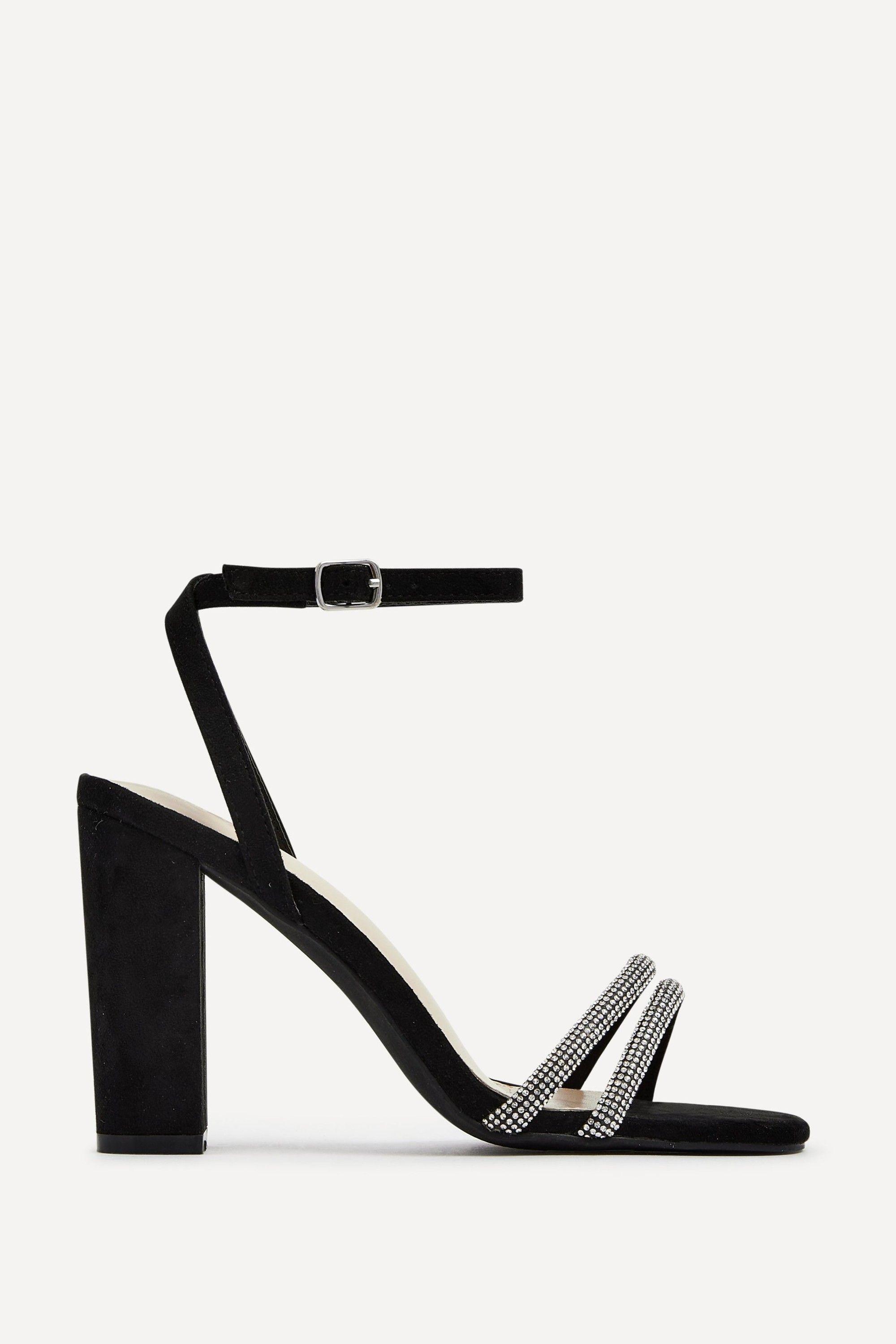 Imera Black Faux Suede Double Diamante Strap Block Heeled Sandal by LINZI