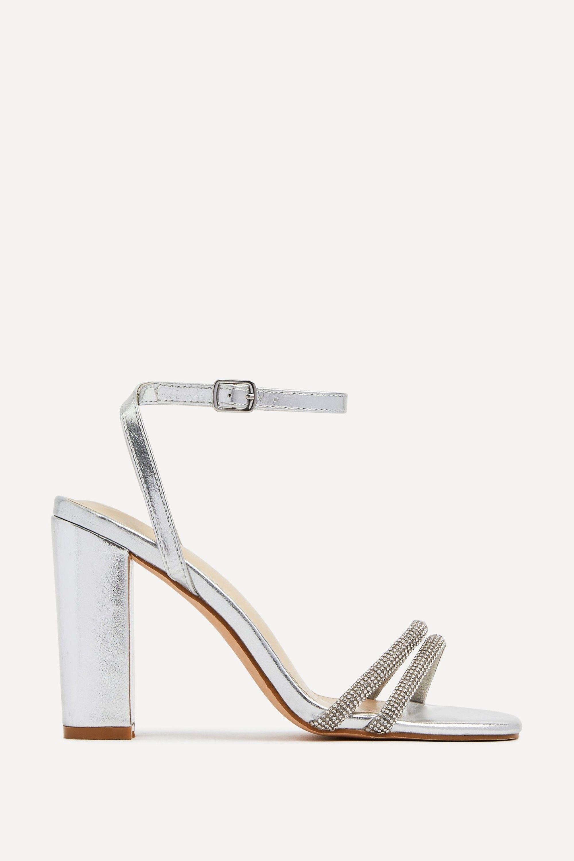 Imera Silver Faux Leather Double Diamante Strap Block Heeled Sandal by LINZI
