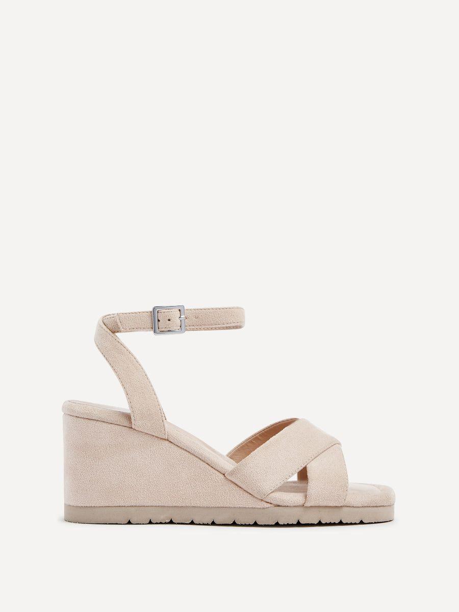 Imogen Beige Faux Suede Covered Crossover Wedge by LINZI