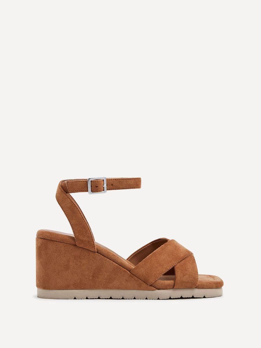 Imogen Tan Faux Suede Covered Crossover Wedge by LINZI