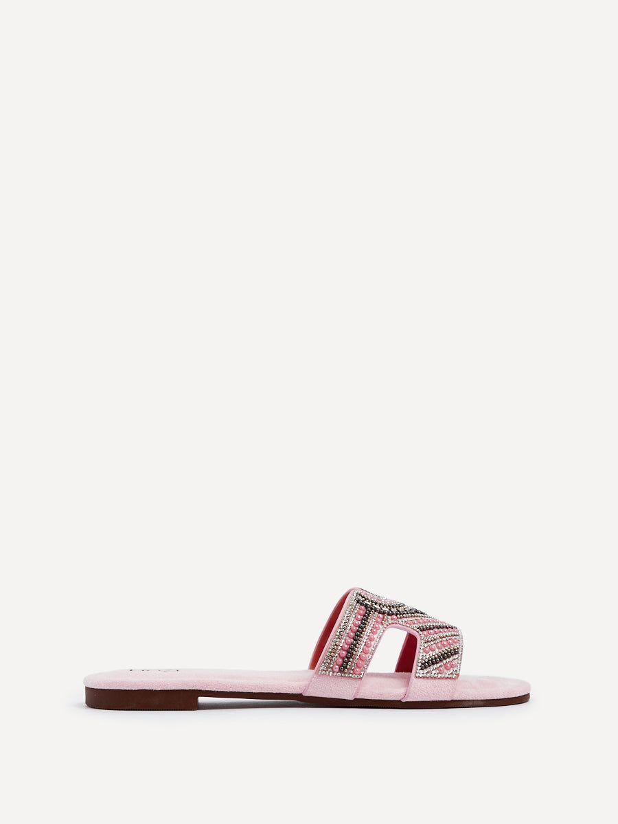 Indira Baby Pink Suede Aztec Design Embellished Slider Sandal by LINZI