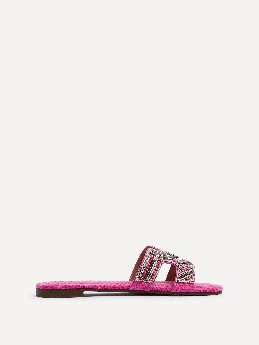 Indira Fuchsia Suede Aztec Design Embellished Slider Sandal by LINZI