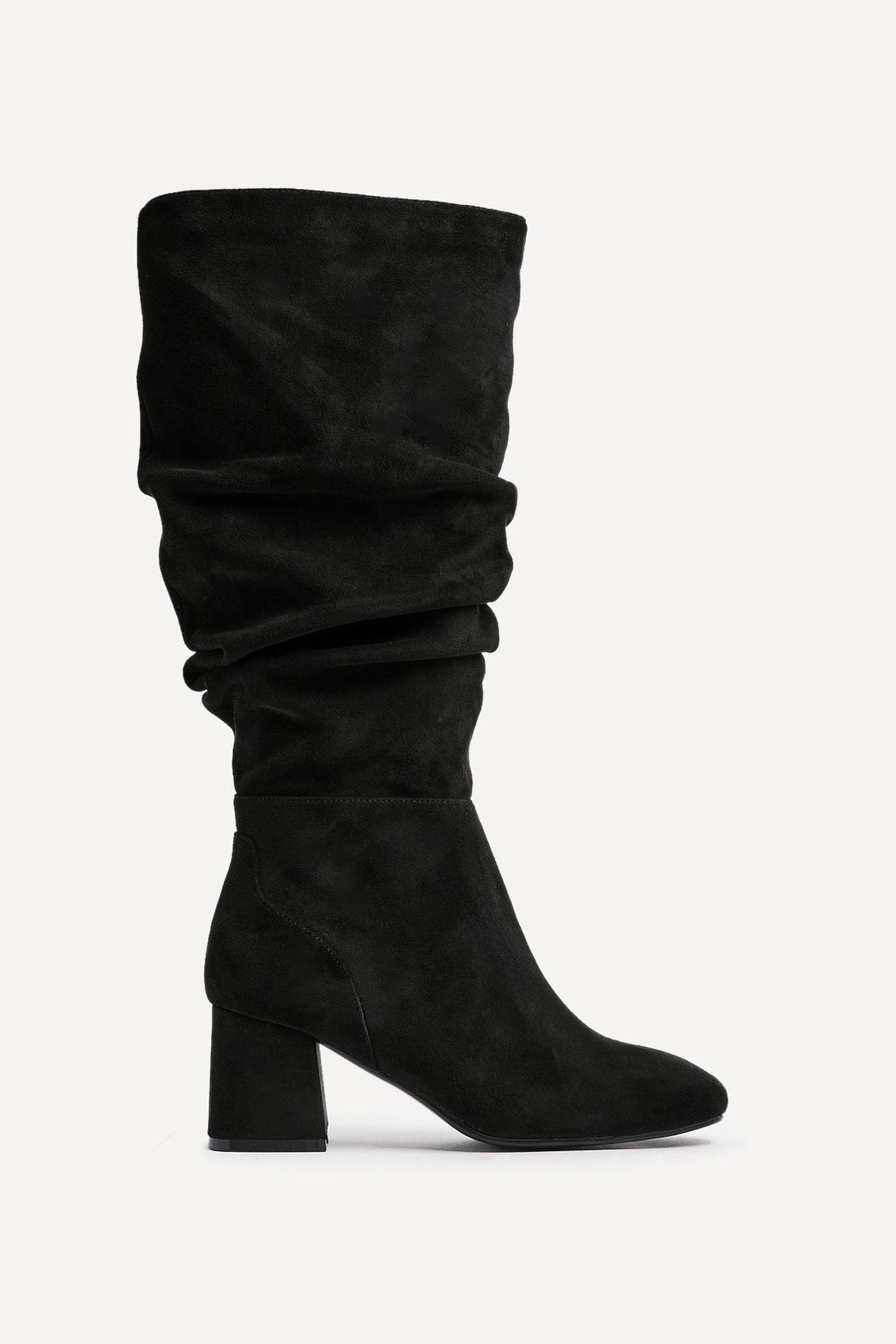 Inferno Wide Fit Black Faux Suede Ruched Long Heeled Boot by LINZI