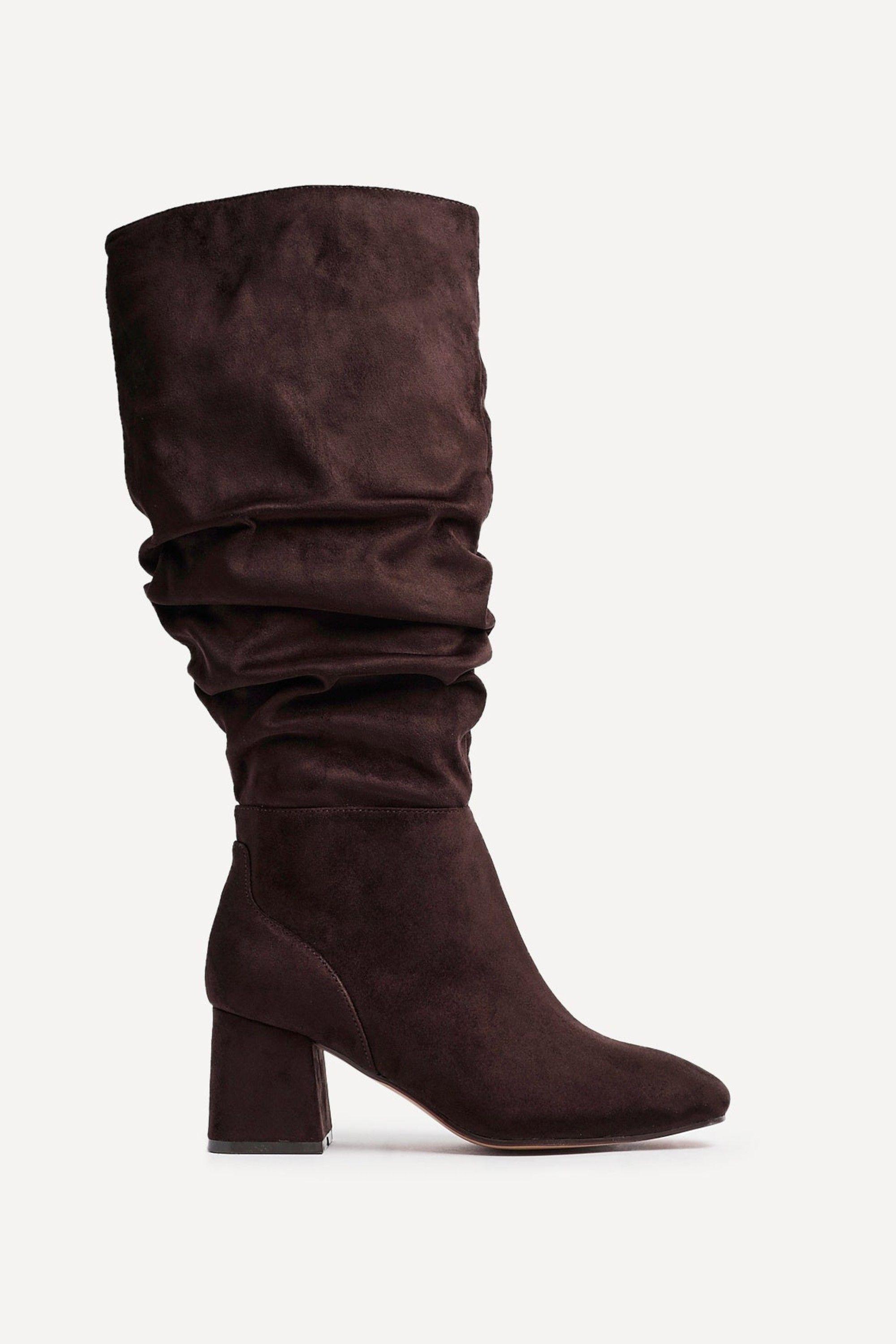 Inferno Wide Fit Brown Faux Suede Ruched Long Heeled Boot by LINZI