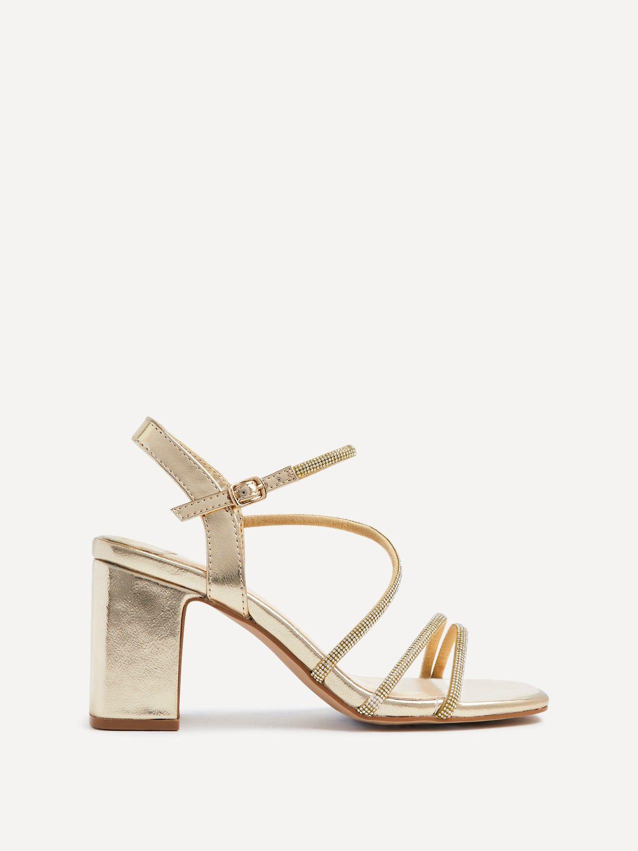 Kira Gold Diamante Block Heels by LINZI