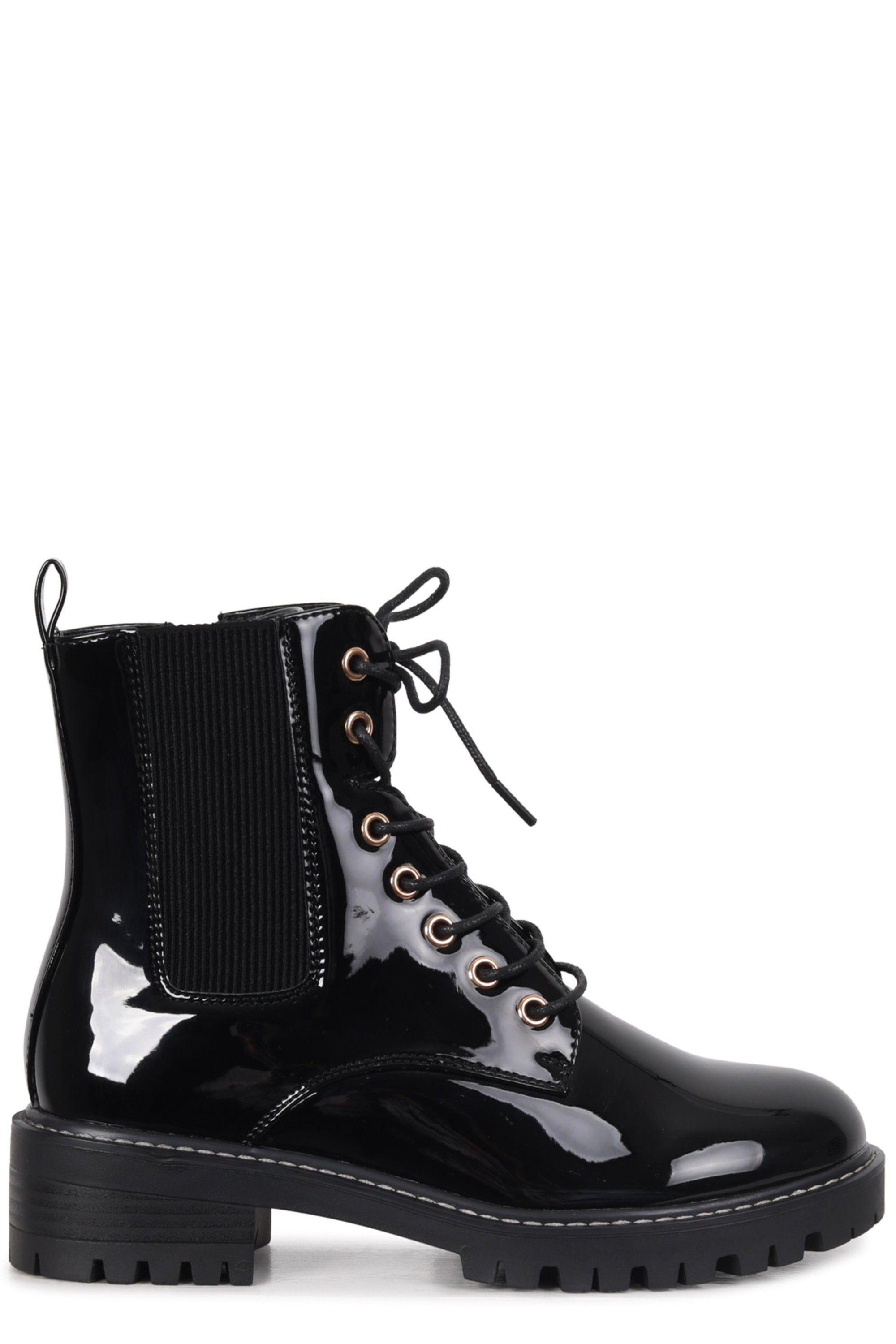 Layna Black Faux Patent Military Boot by LINZI