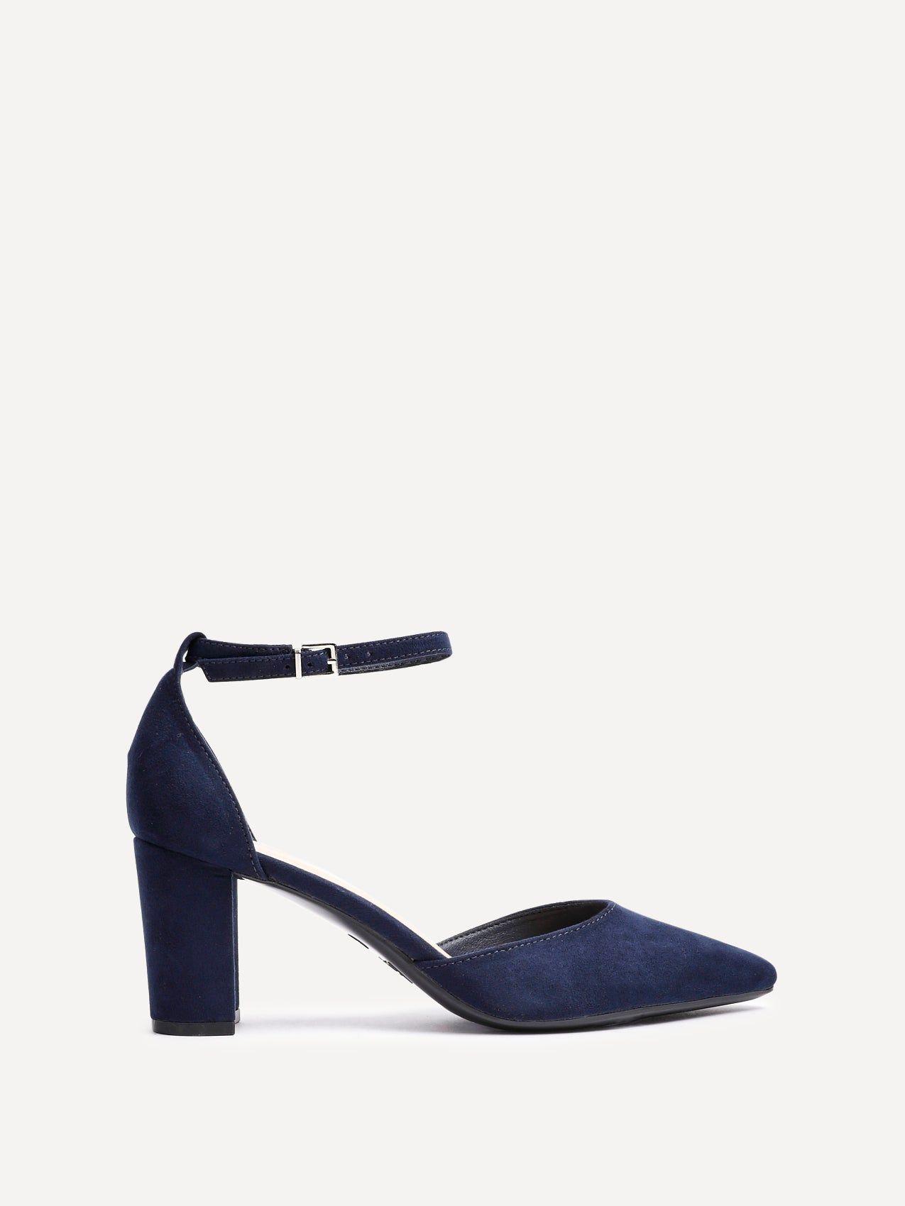 Leona Navy Faux Suede Closed Back Block Heeled Court Shoe by LINZI