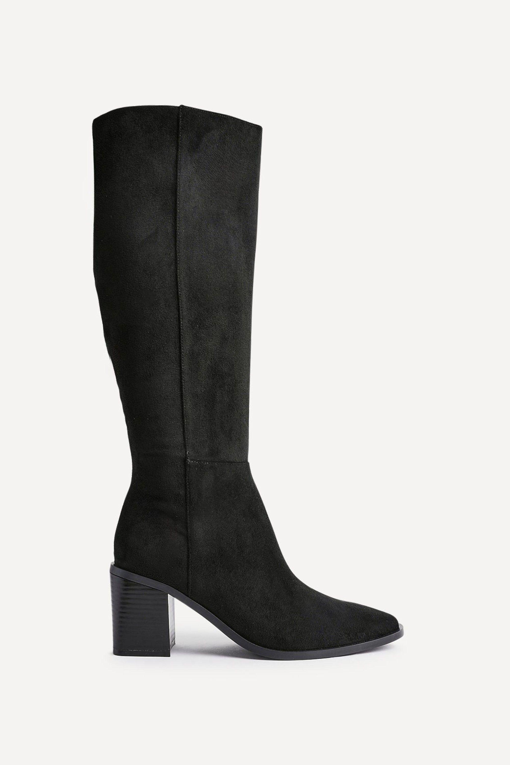 Levine Black Faux Suede Block Heeled High Leg Boot by LINZI