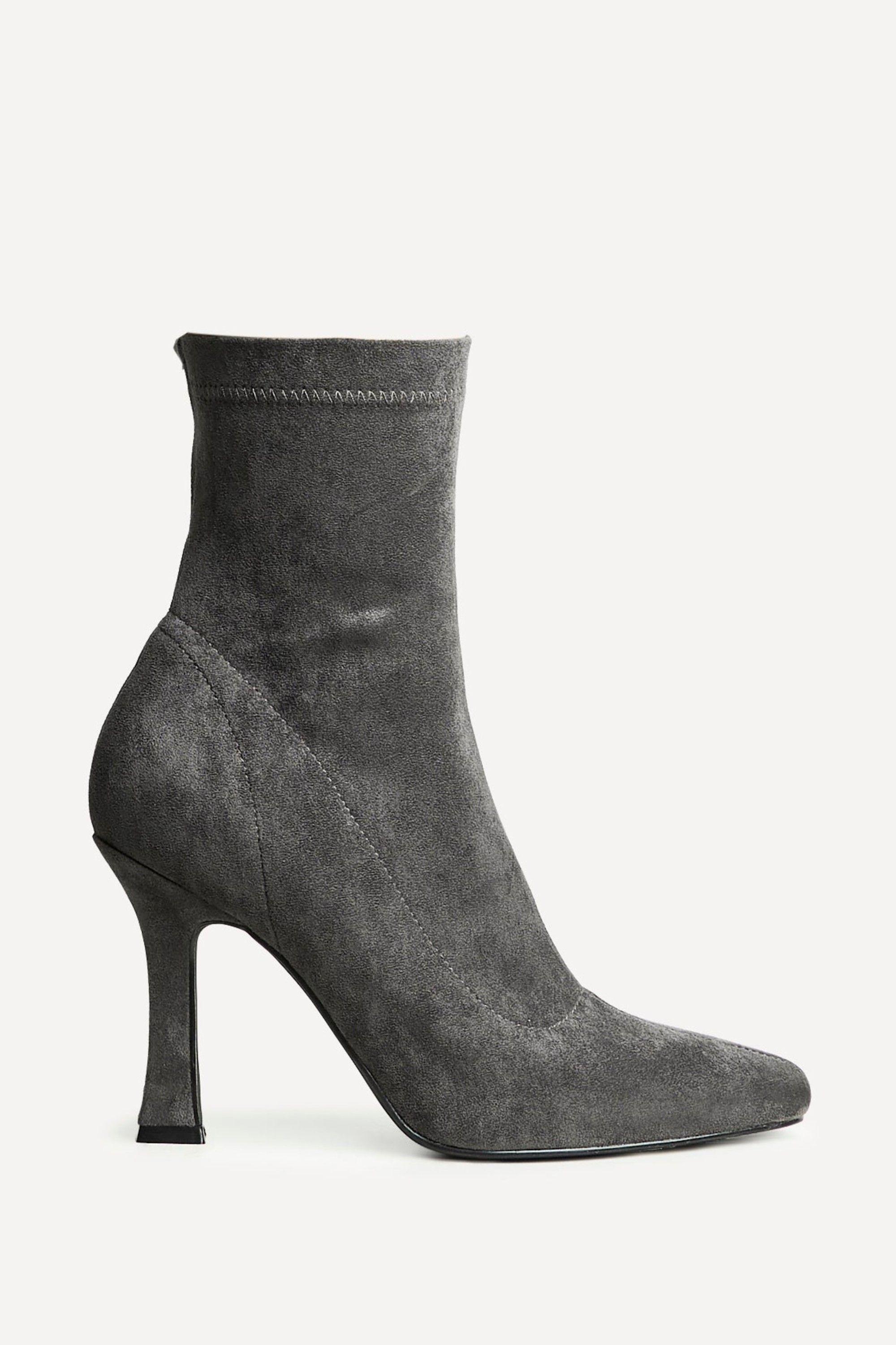 Lovato Grey Faux Suede Square Toe Heeled Sock Boot by LINZI