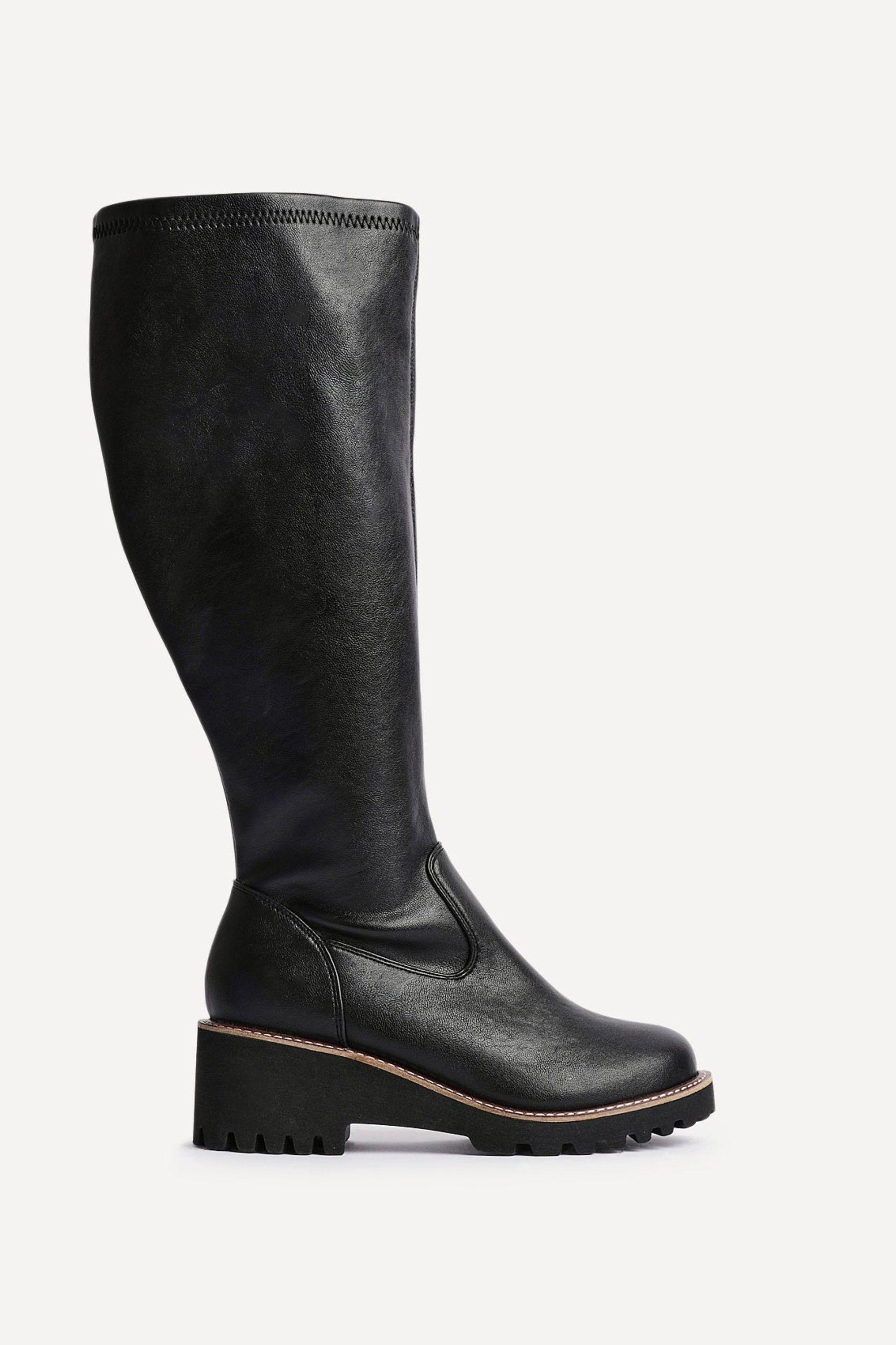 Maintain Wide Fit Black Faux Leather Stretch High Leg Wedge Boot by LINZI