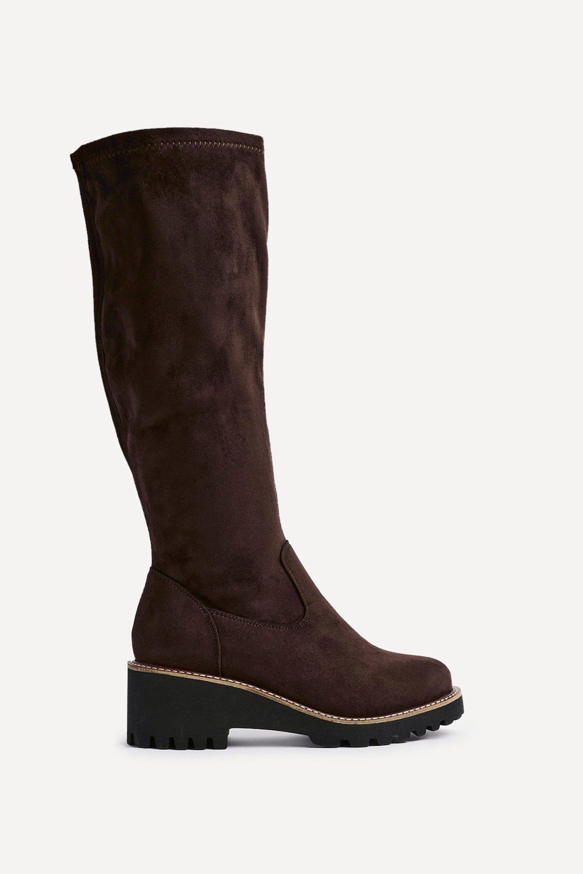 Maintain Wide Fit Brown Faux Suede Stretch High Leg Wedge Boot by LINZI