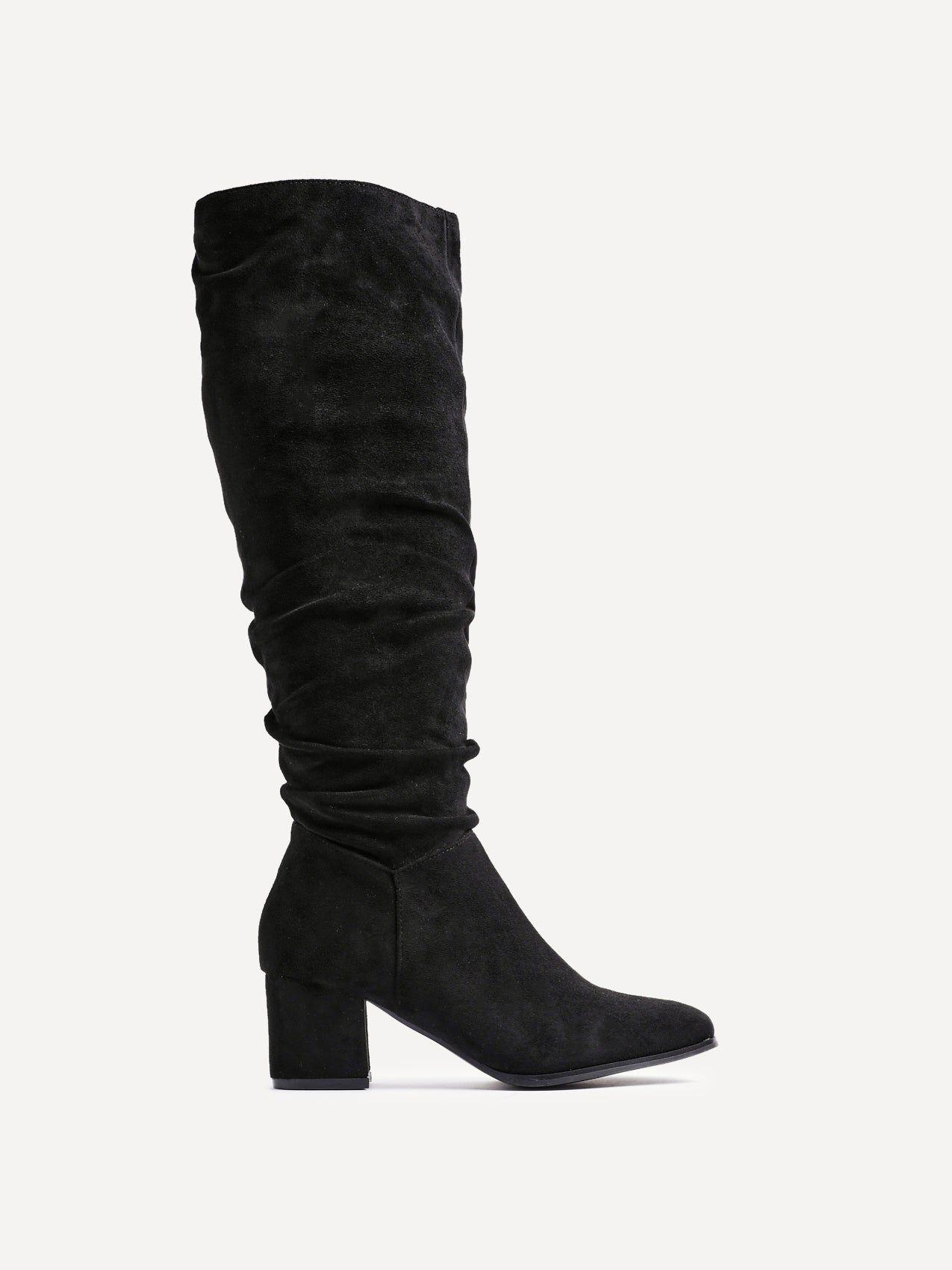 Margot Black Faux Suede Knee High Block Heeled Ruched Boot by LINZI